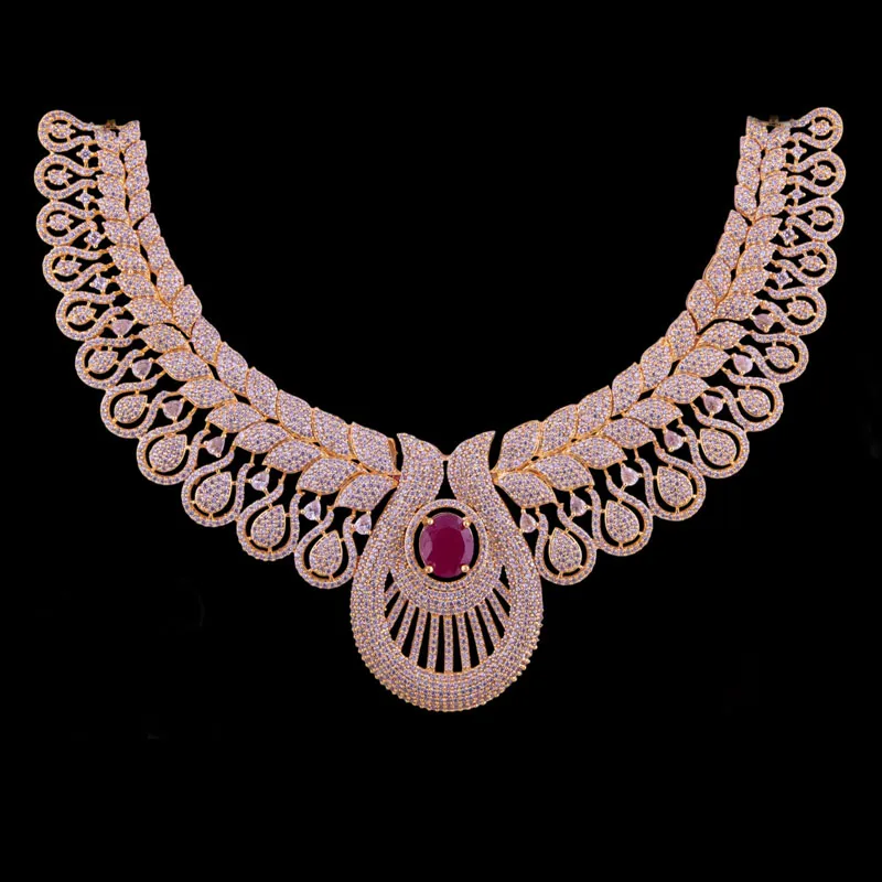 Gold Tone Ruby Stone Bridal Necklace Set