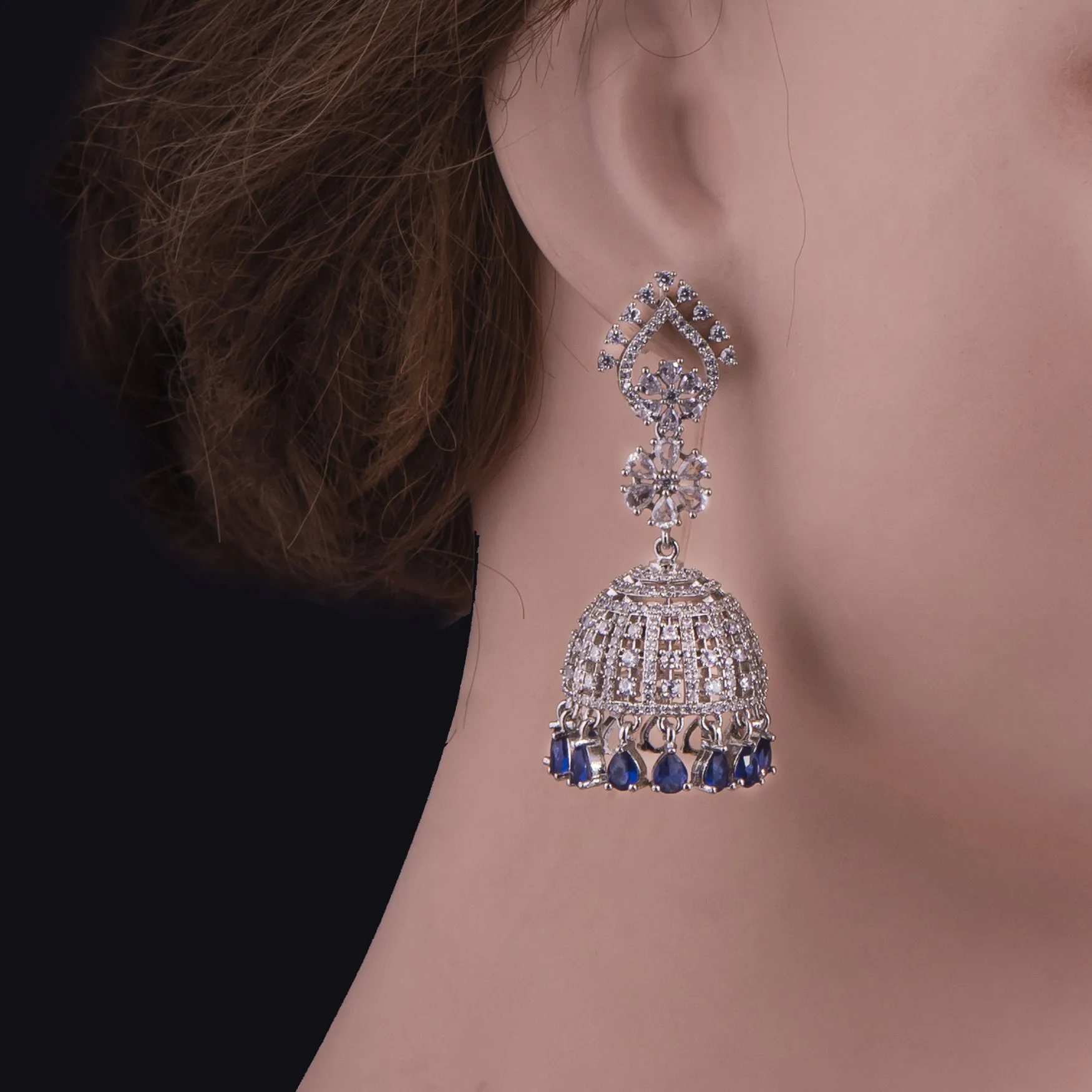 Blue Stone Silver Jhumka Earrings