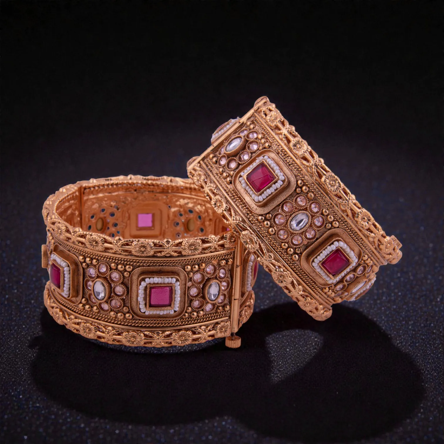 Antique Openable Red Stone Kada Bangles Pair