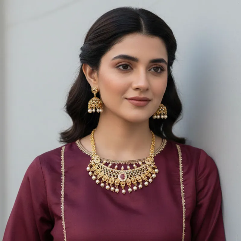 Gold Plated Pearl Partywear Necklace Set