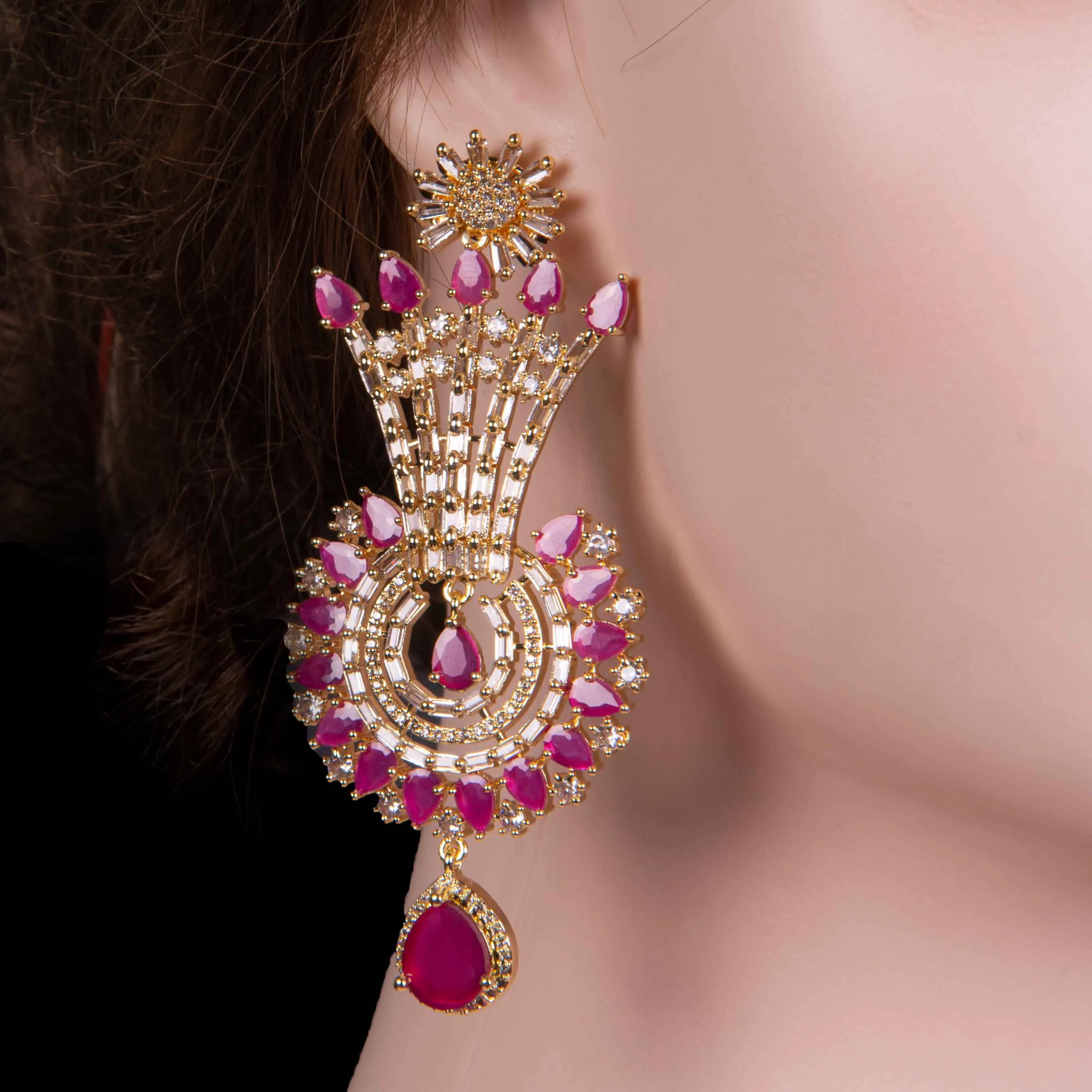 Gold Plated Pink Stone Jhumka Earrings