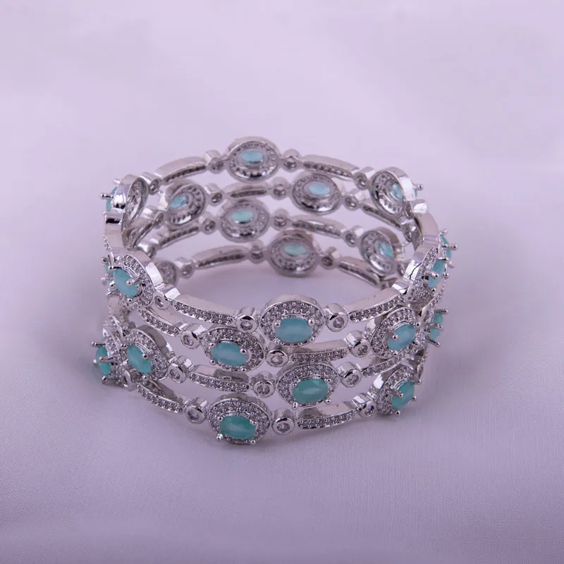 Silver Plated Bangles With Mint Green Stones