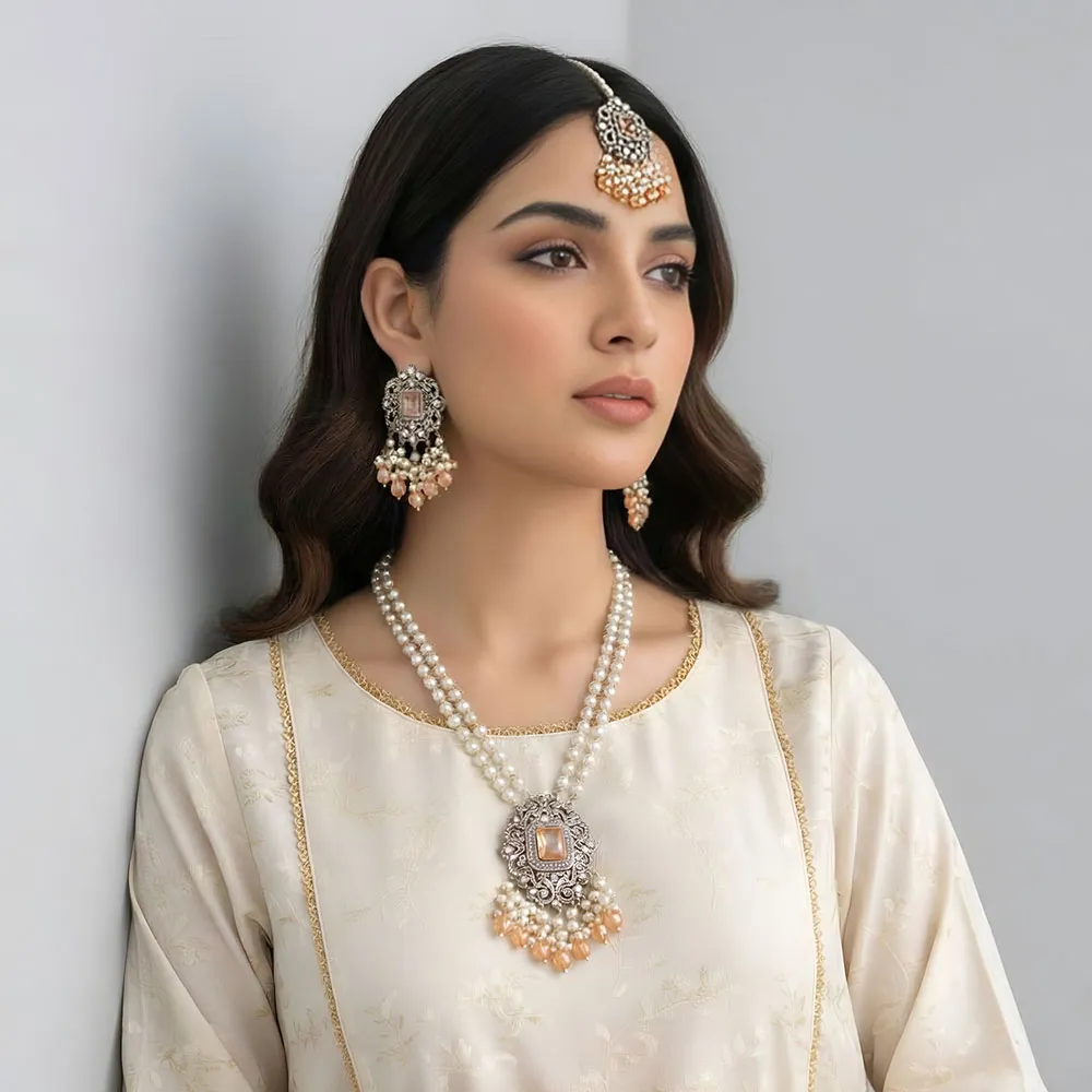 Sterling Silver Pearl Kundan Long Mala Set