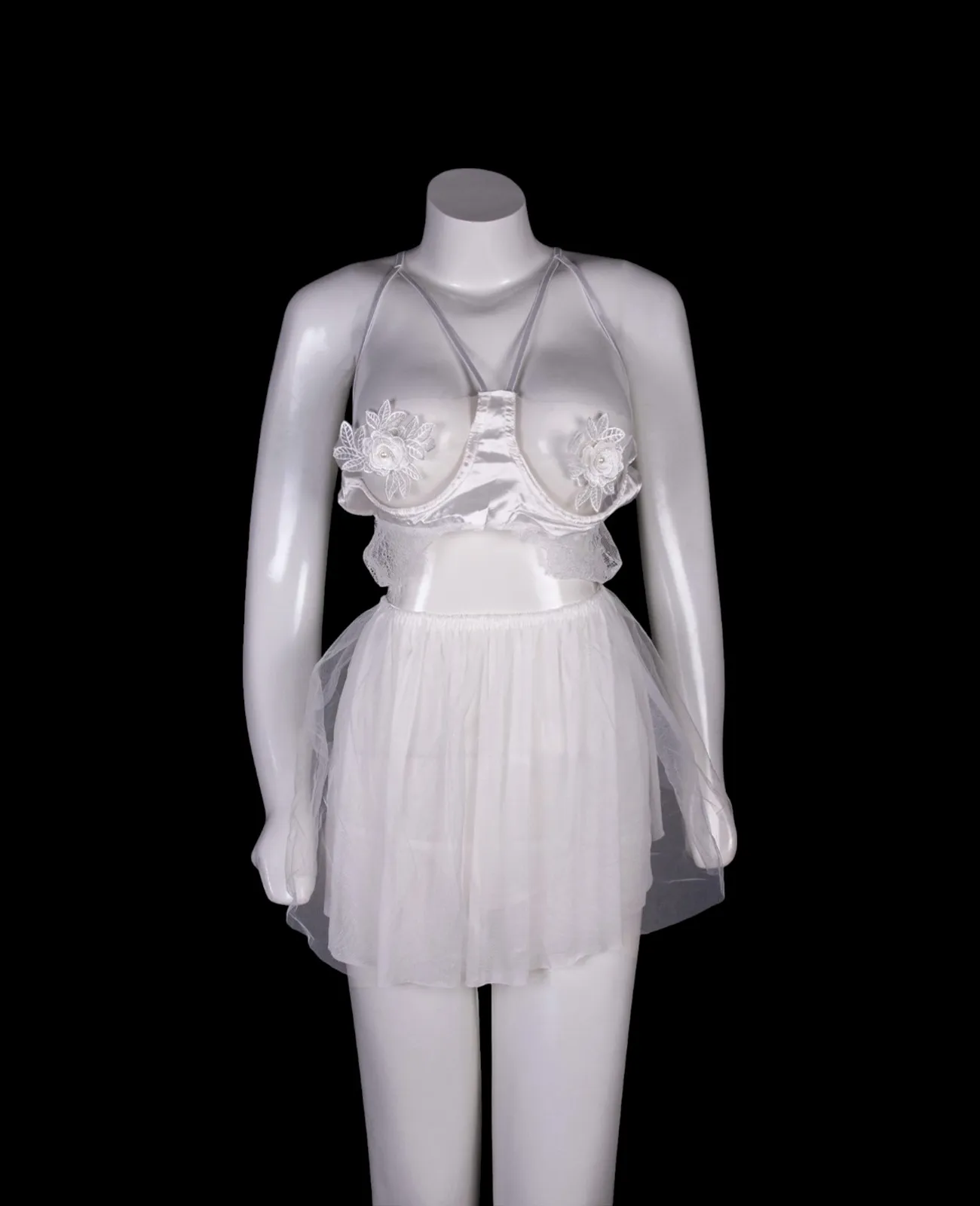 White Floral Detailed Sheer Night Suit