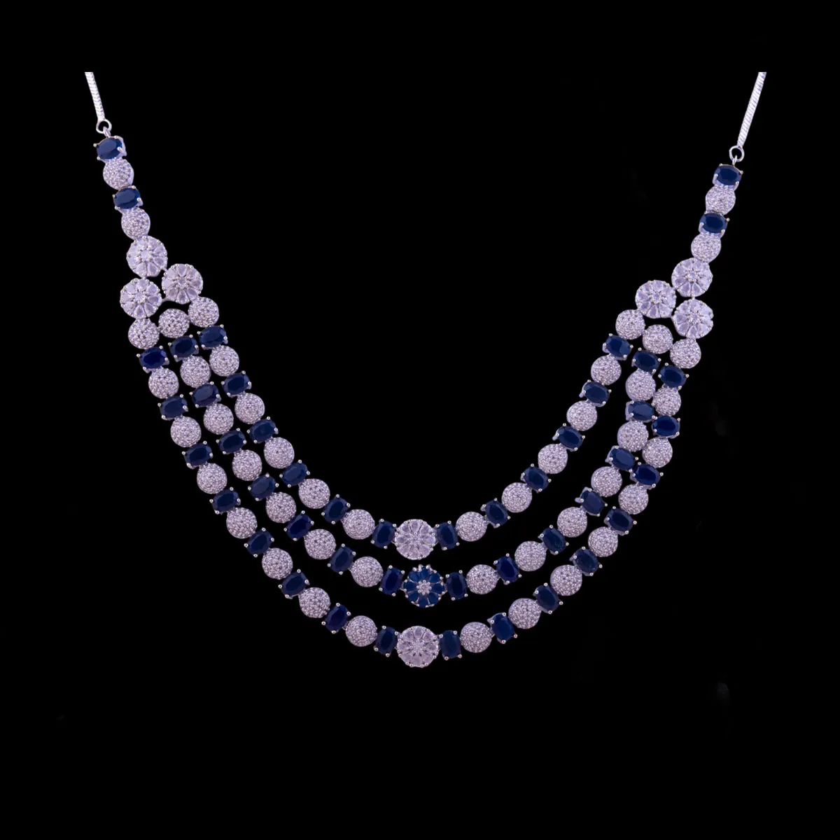 Three Layered Blue White Crystals Necklace Set