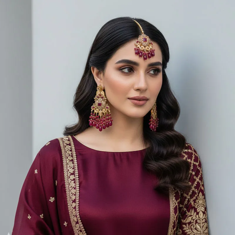 Maroon Pearls Earring And Bindi Set