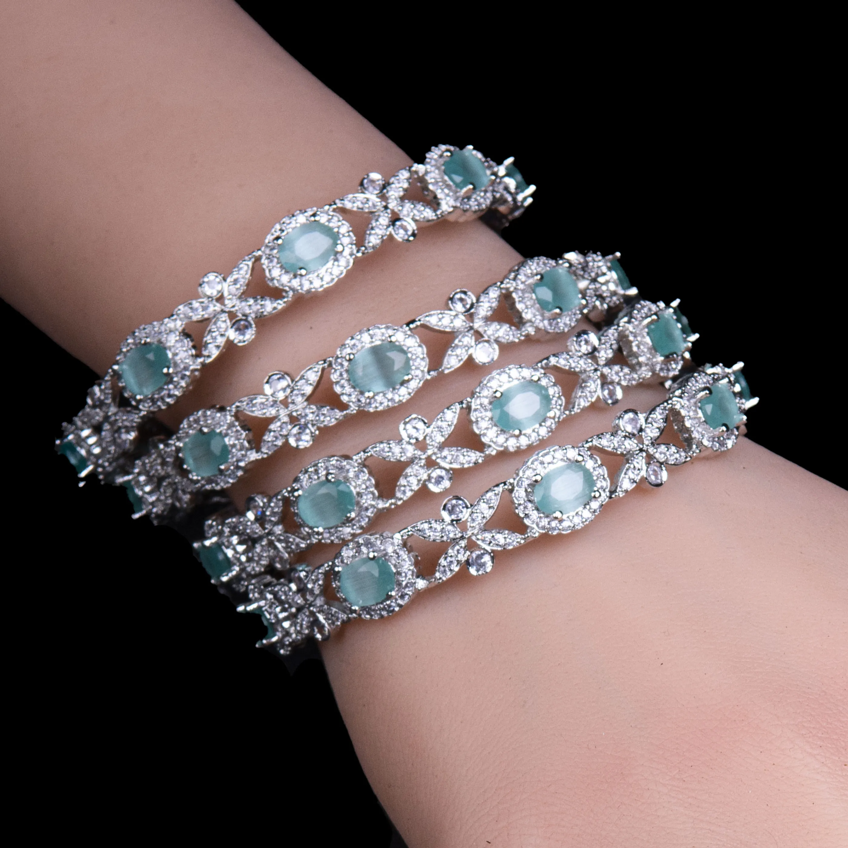 Mint CZ Stone Floral Bangles Set