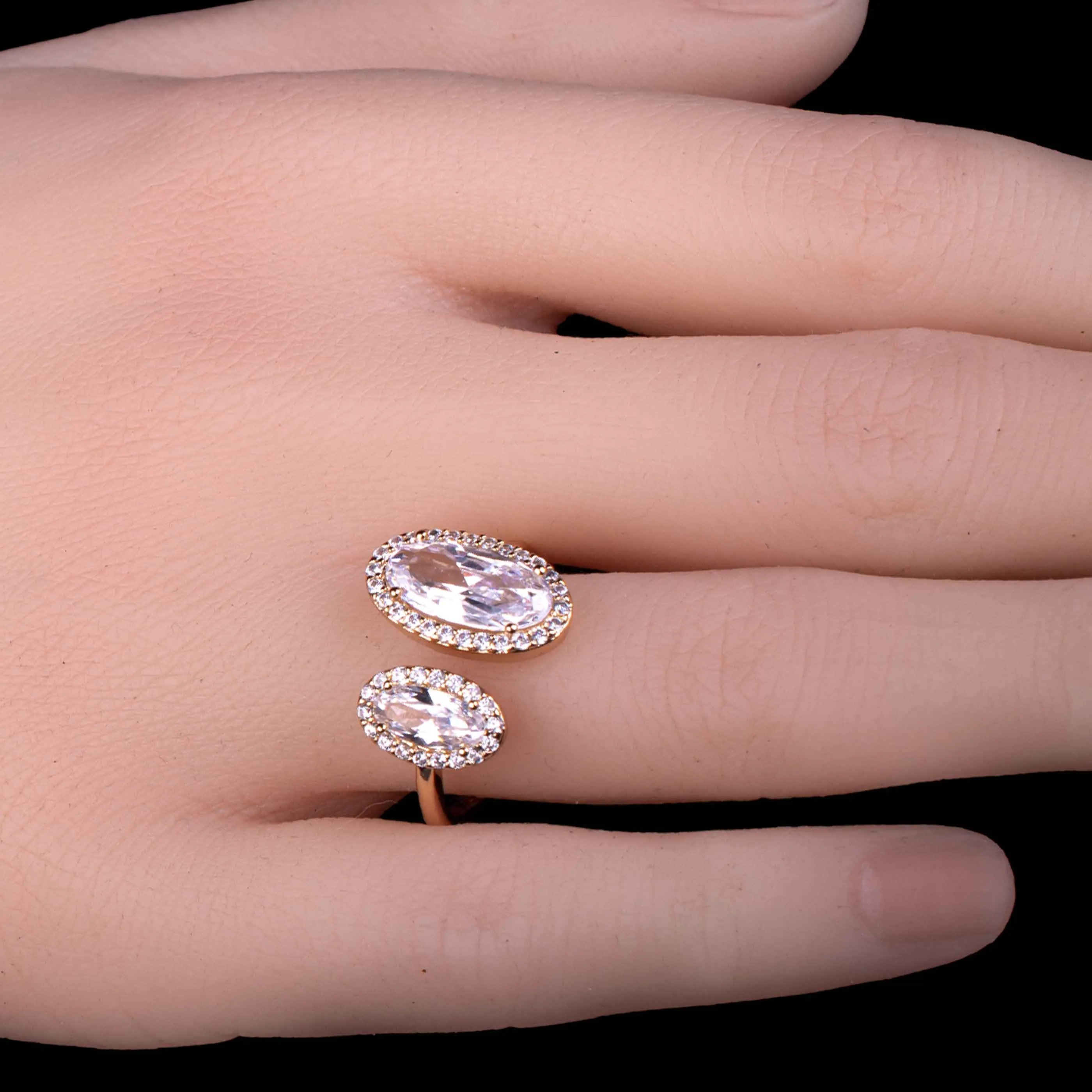 Oval Twin Crystal Adjustable Ring