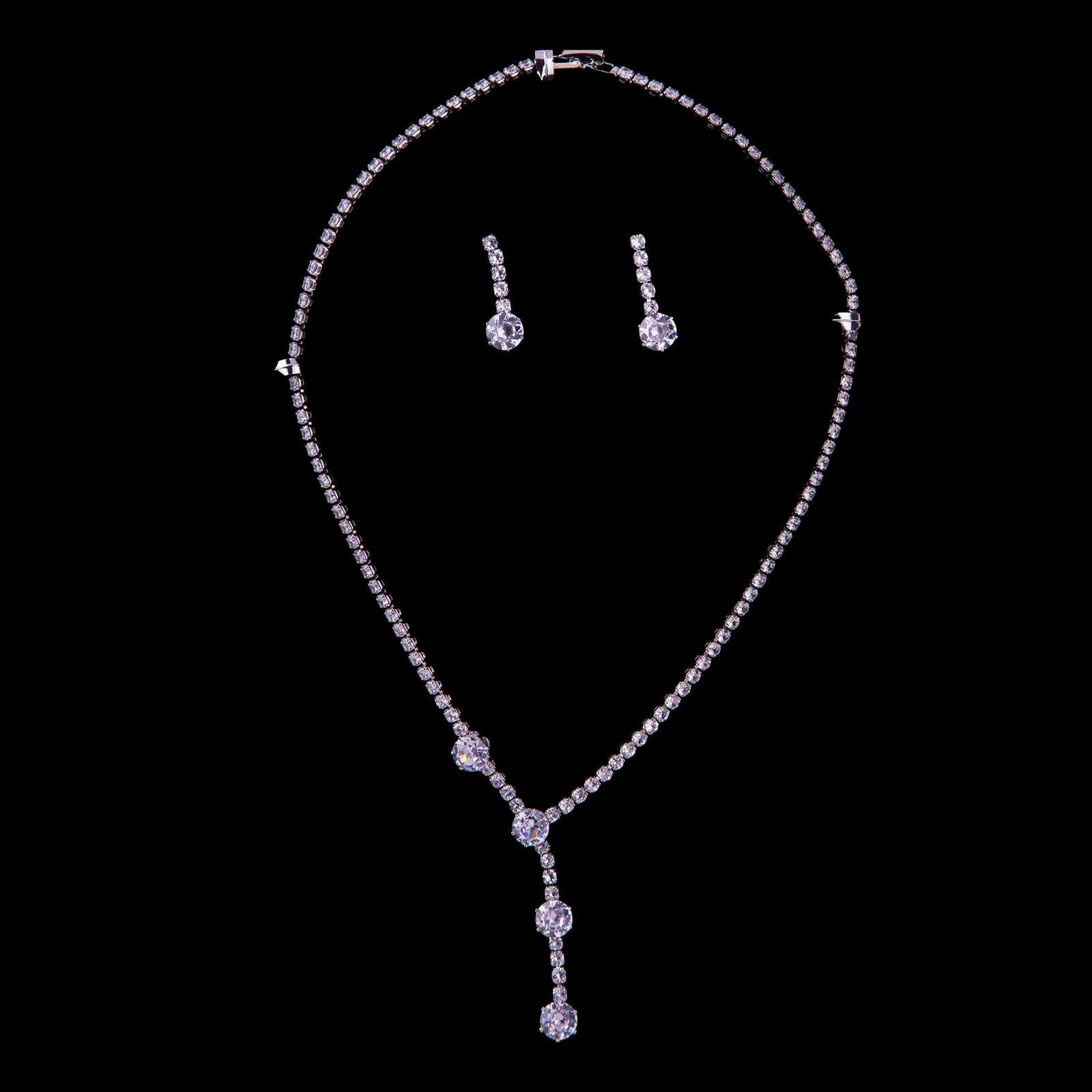 Rhinestone Drop Silver Necklace Set