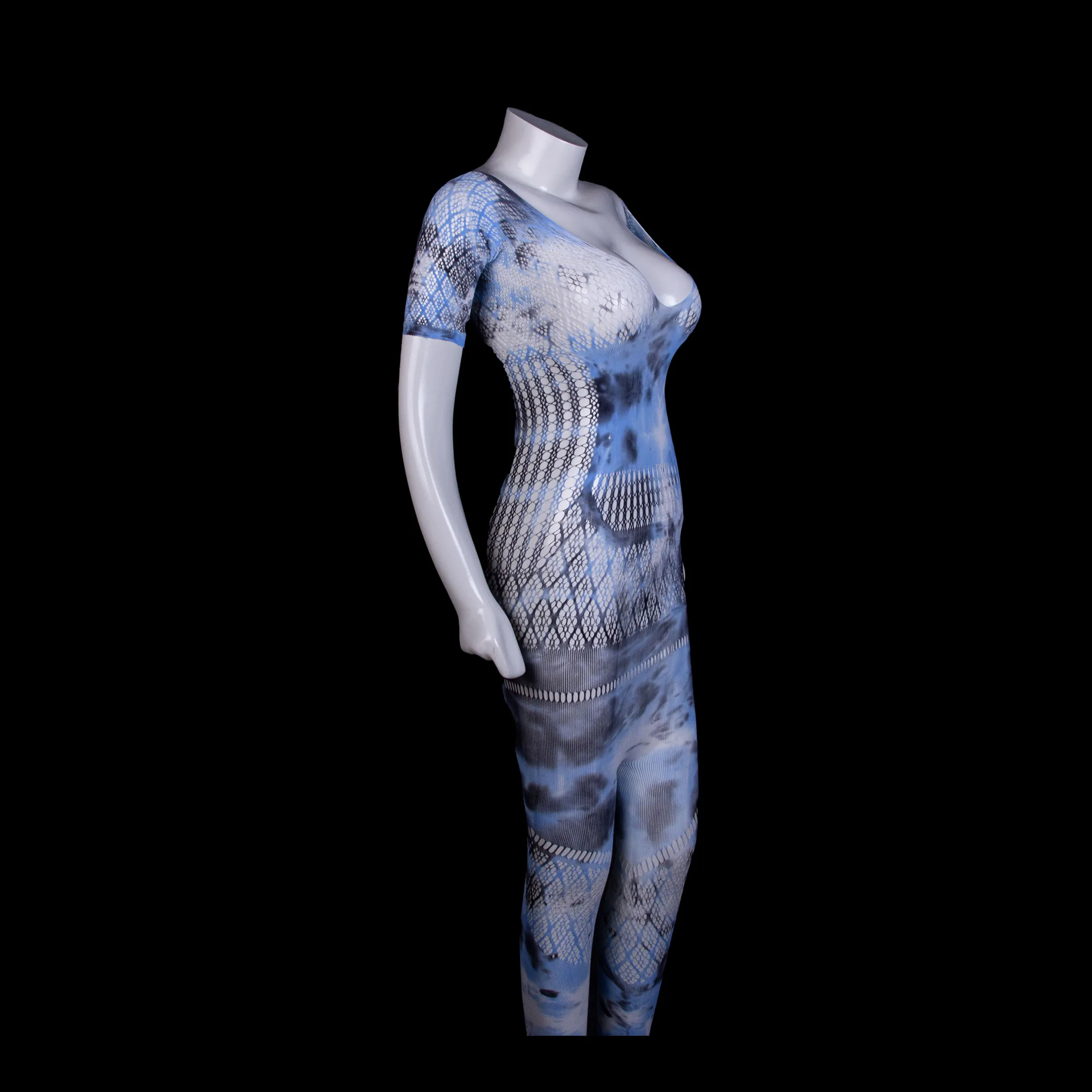 Icy Blue Mesh Lingerie Catsuit Stocking
