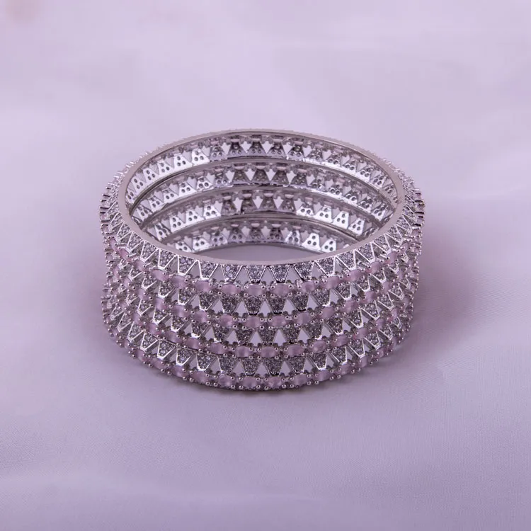 Silver Finish Pink Stone Bangles Set
