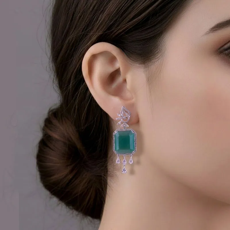 Mint Stone Emerald Diamond Cluster Drop Earrings