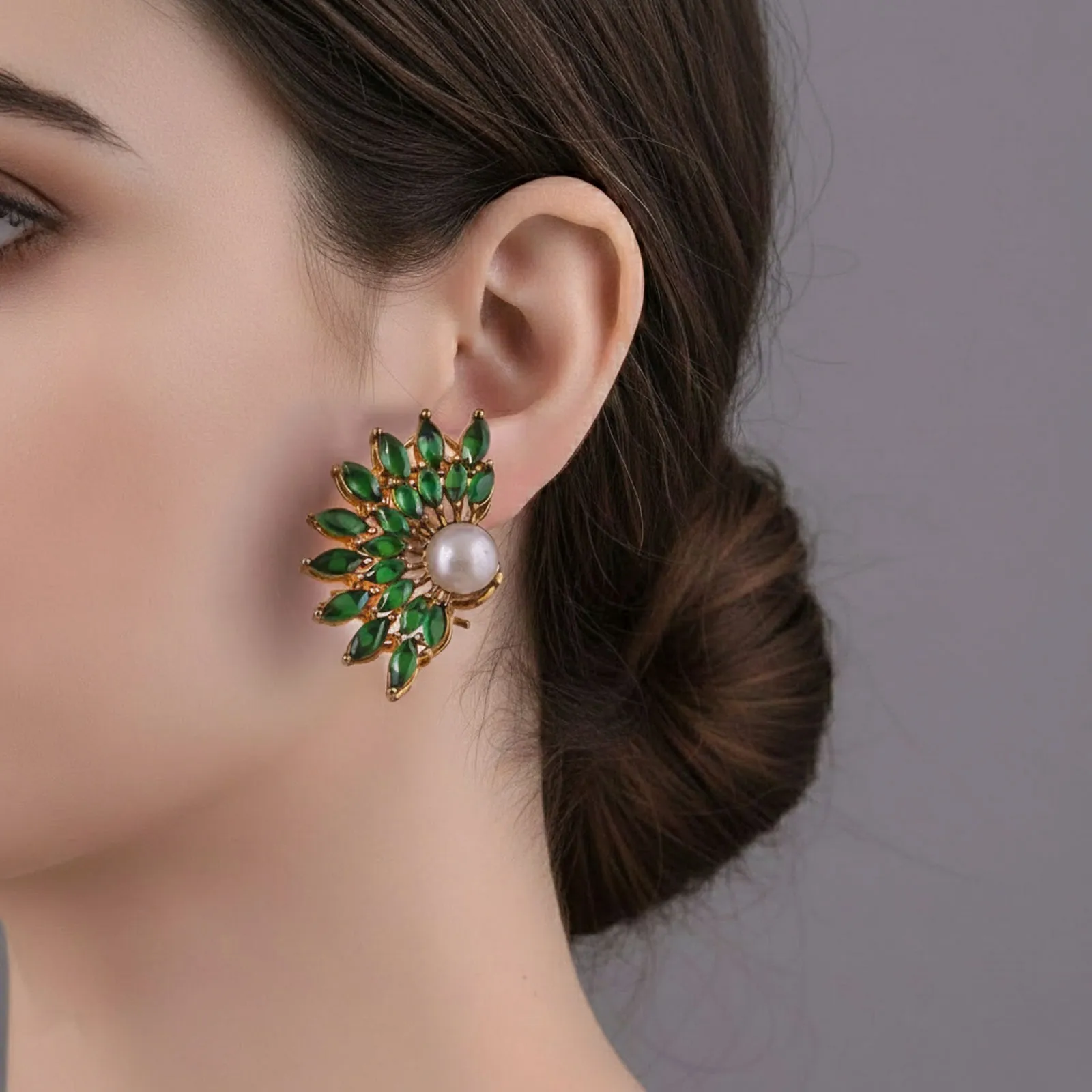 Green Emerald and Pearl Stud Earrings