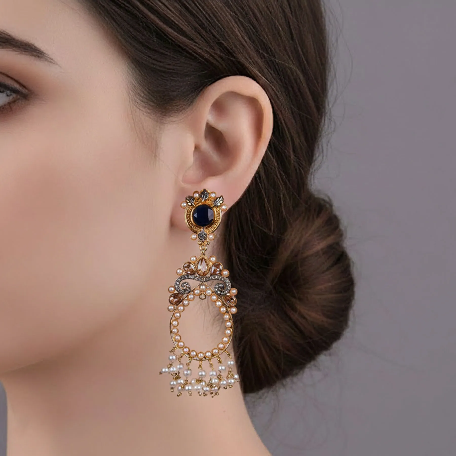 Chandbali Pearl Zircon Earrings