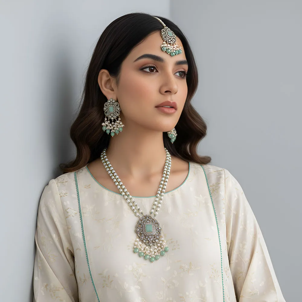 Sterling Silver Pearl Kundan Long Mala Set