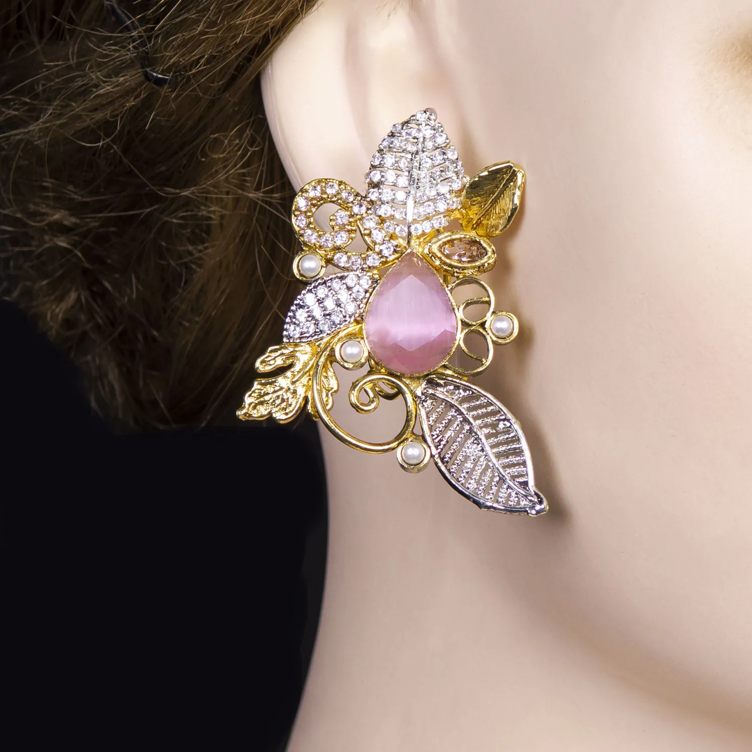 Pink Teardrop Floral Leaf Earrings