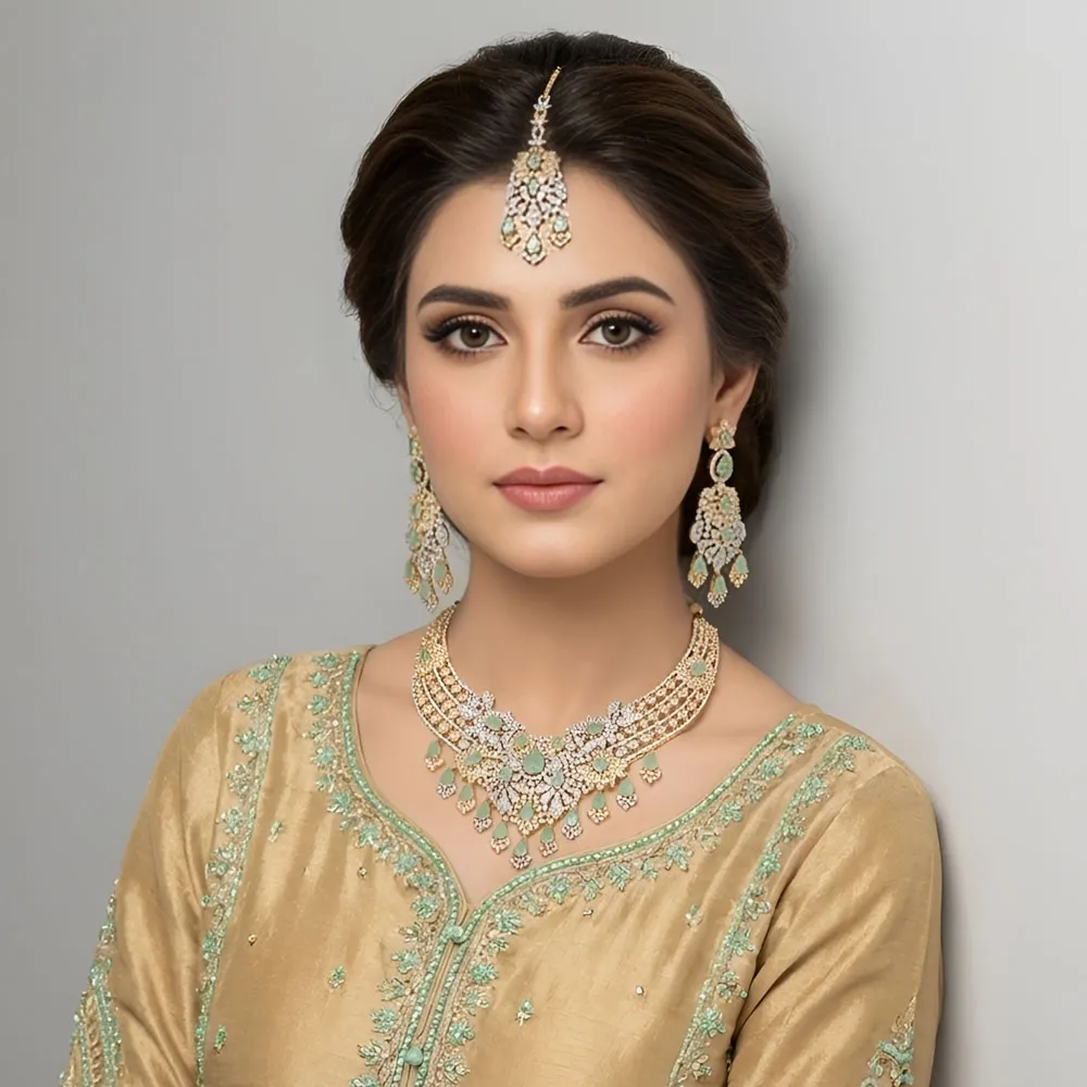 Mint Stone Gold Plated Bridal Necklace Set
