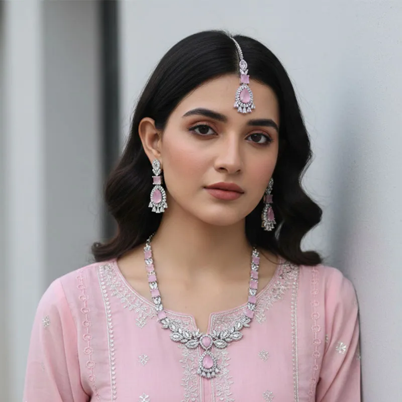 Pink American Diamond Silver Plated Jewellery Set