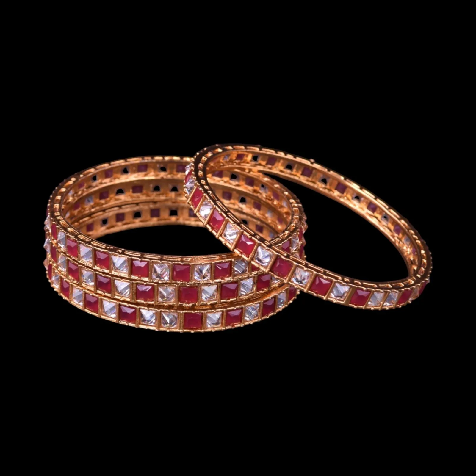 Red White Stone Gold Plated Bangles