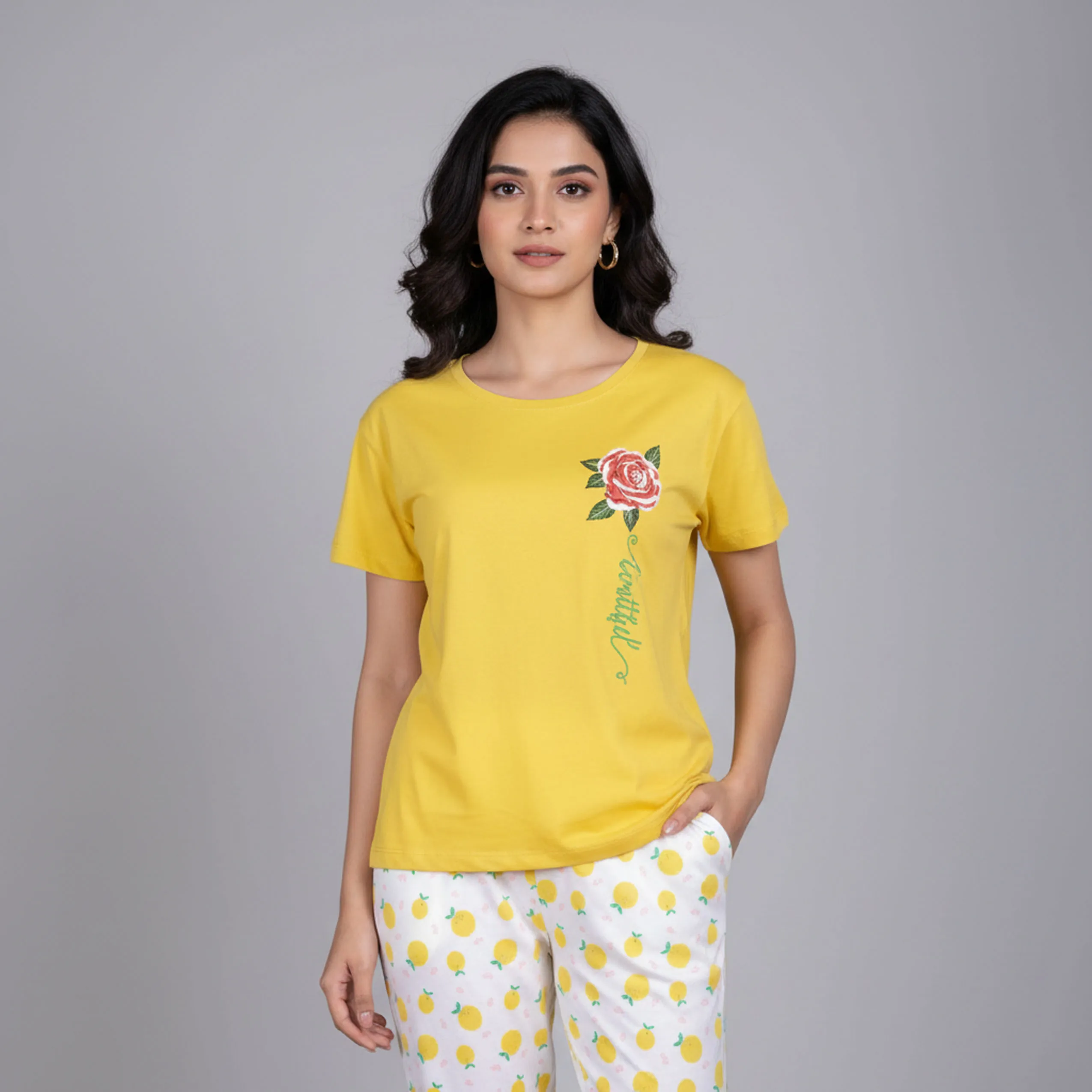 Yellow Printed Night Suit For Ladies