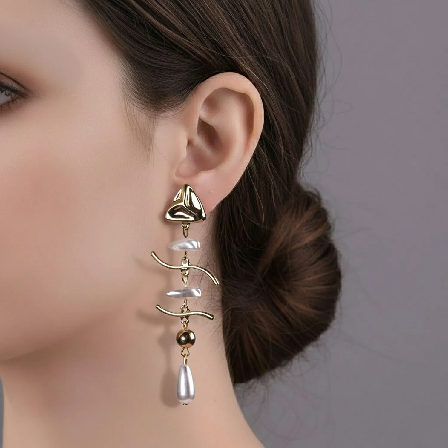 Golden Wave Pearl Drop Tops Earrings