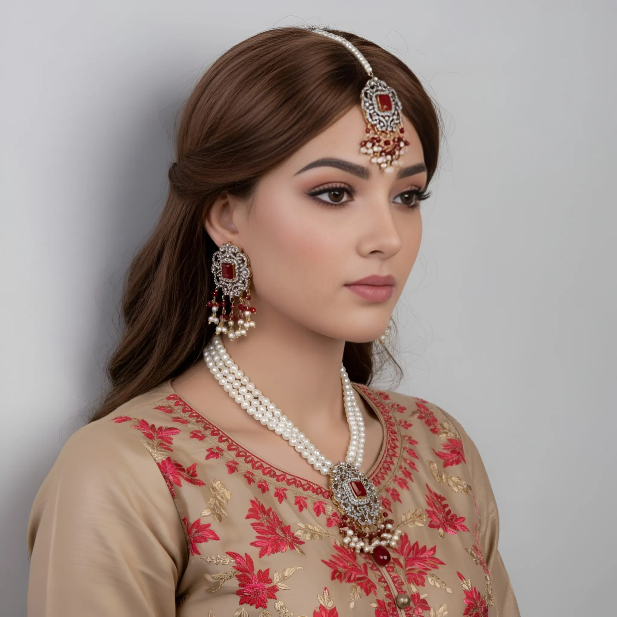 Silver Long Mala Pearl Necklace Set