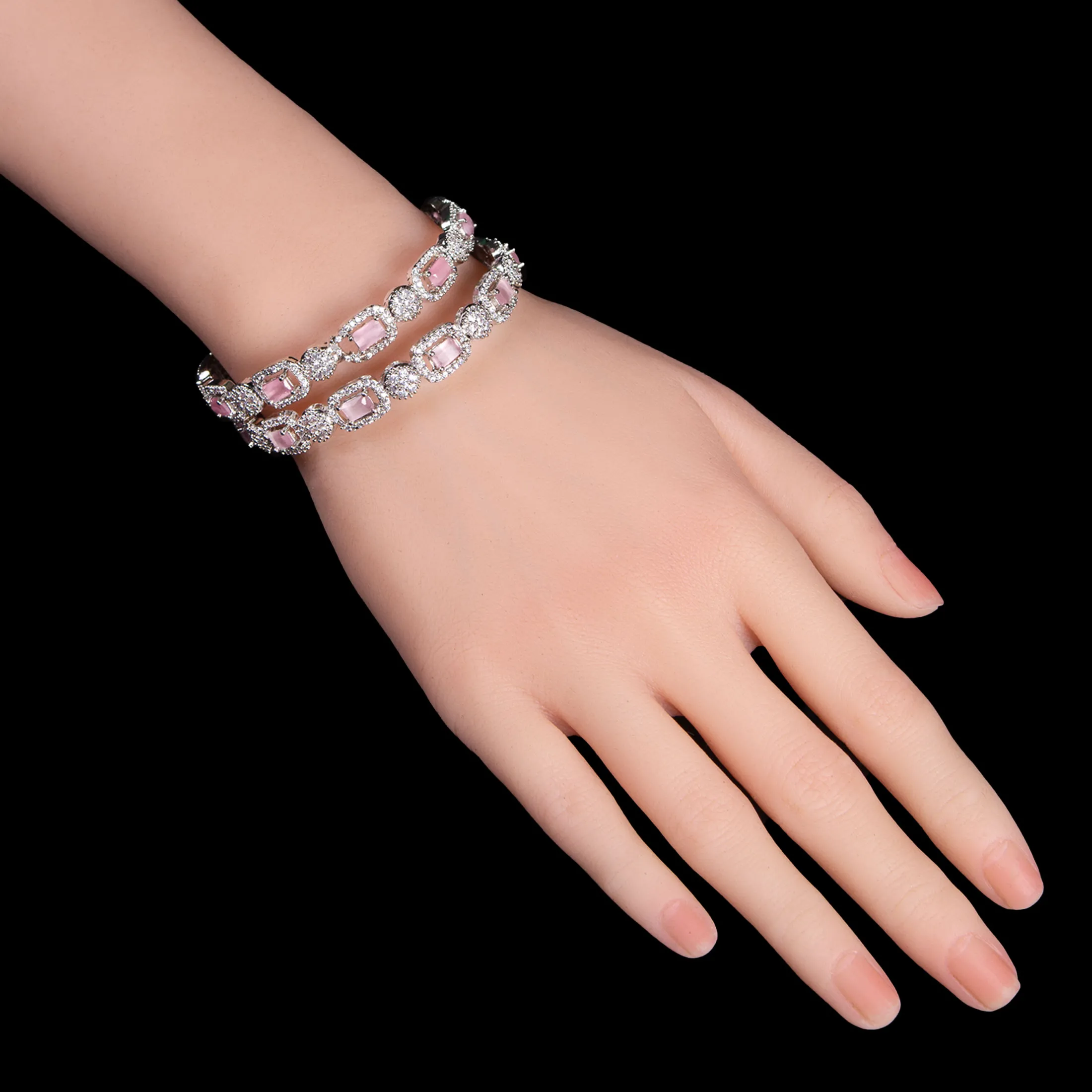 Pink Stone Silver 2 Pcs bangles