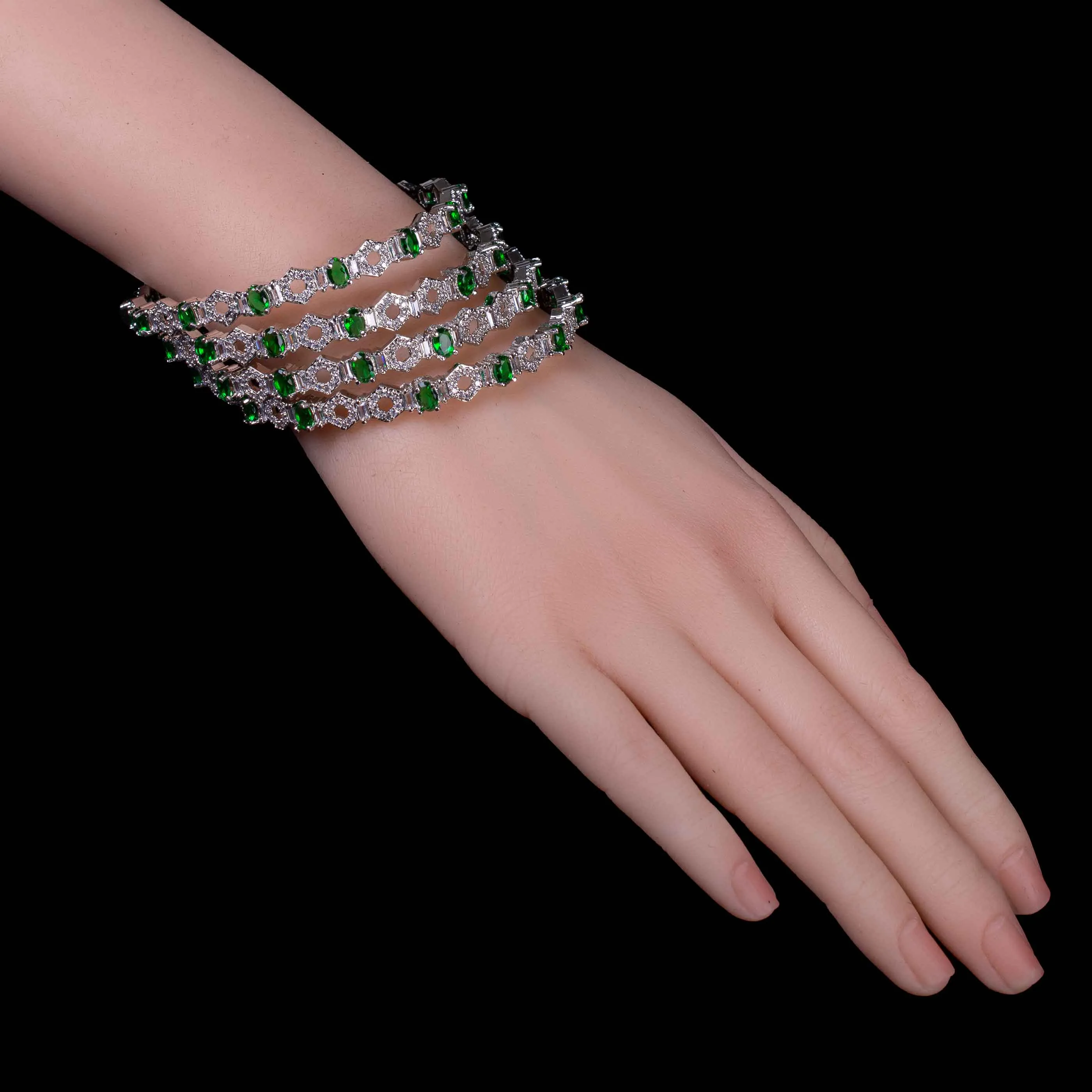 Traditional Silver Green Emerald Bangles For Girls