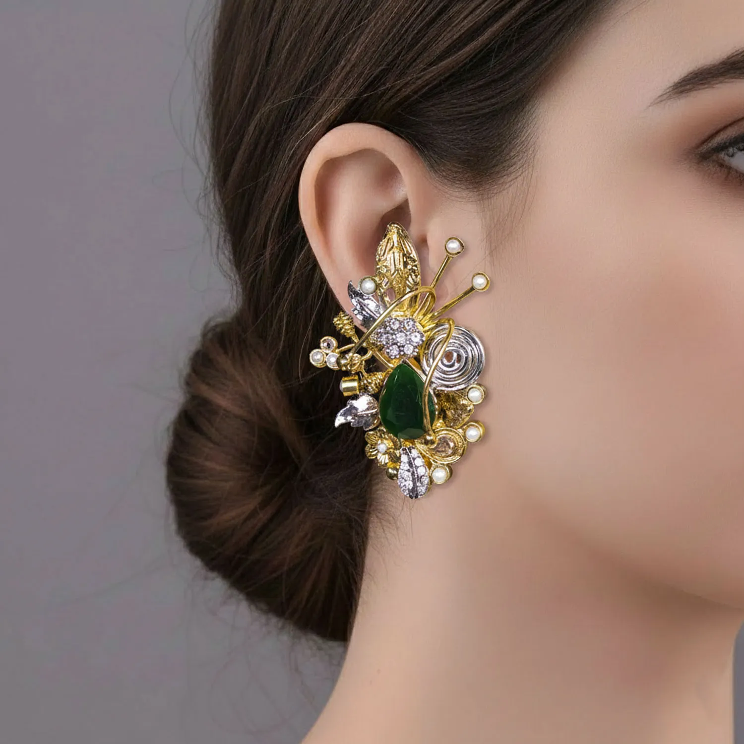 Floral Kundan & Pearl Ear Cuff