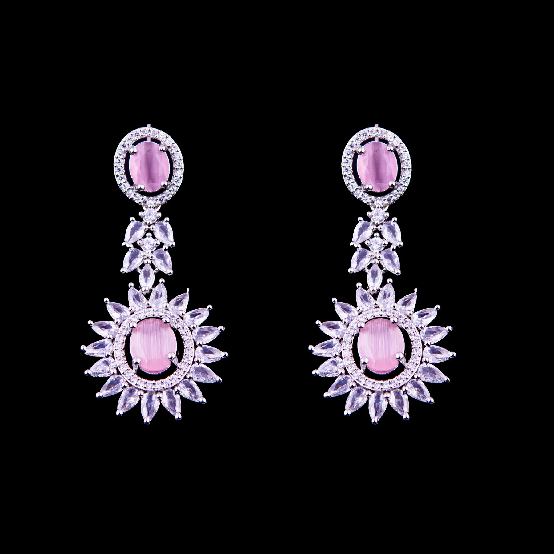 Pink Stone CZ Sunburst Necklace Jewellery Set