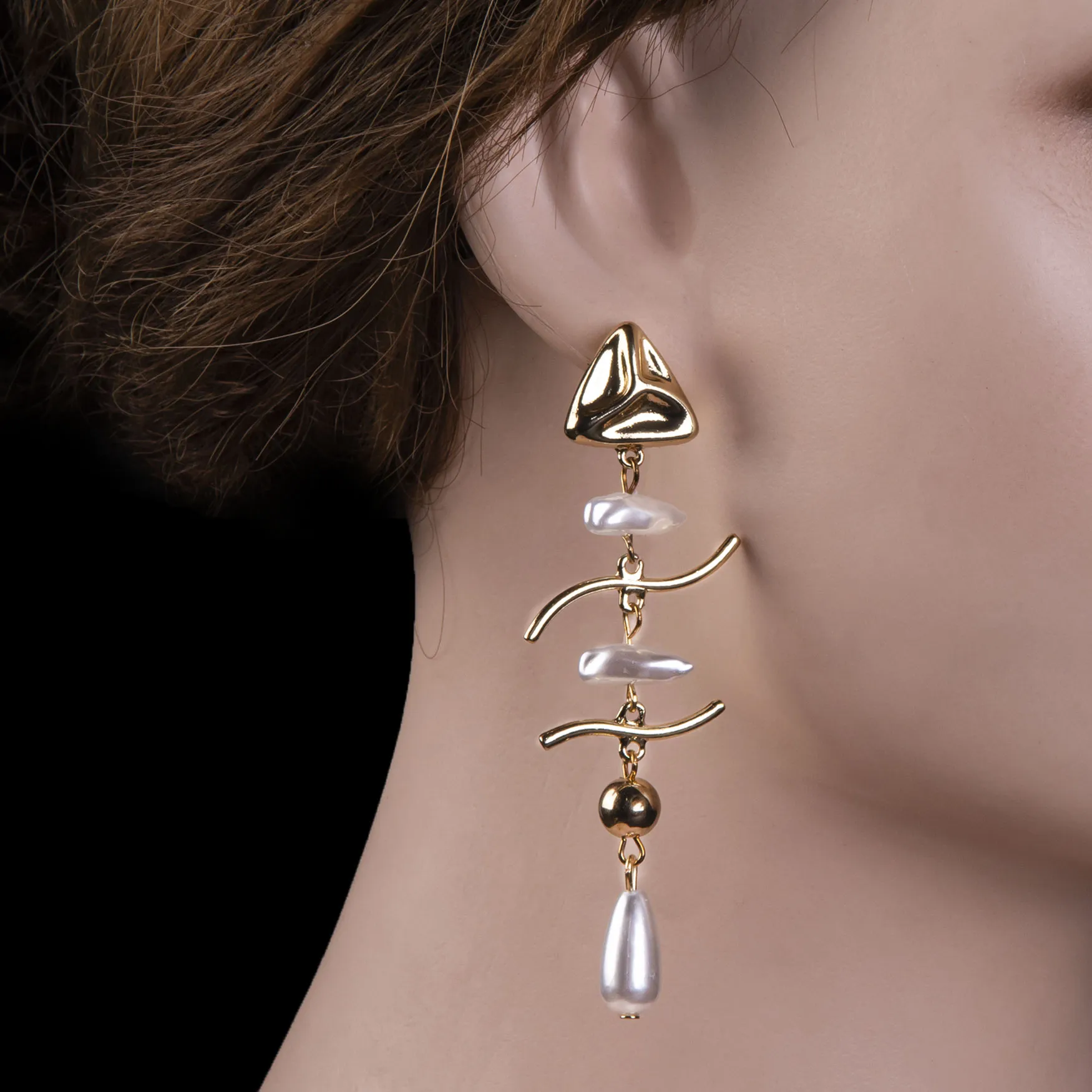 Golden Wave Pearl Drop Tops Earrings