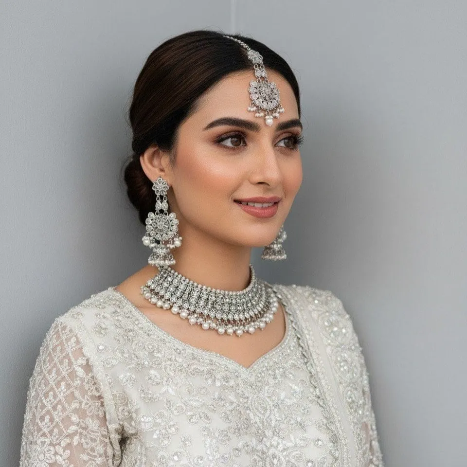 White Pearl Silver Choker Necklace