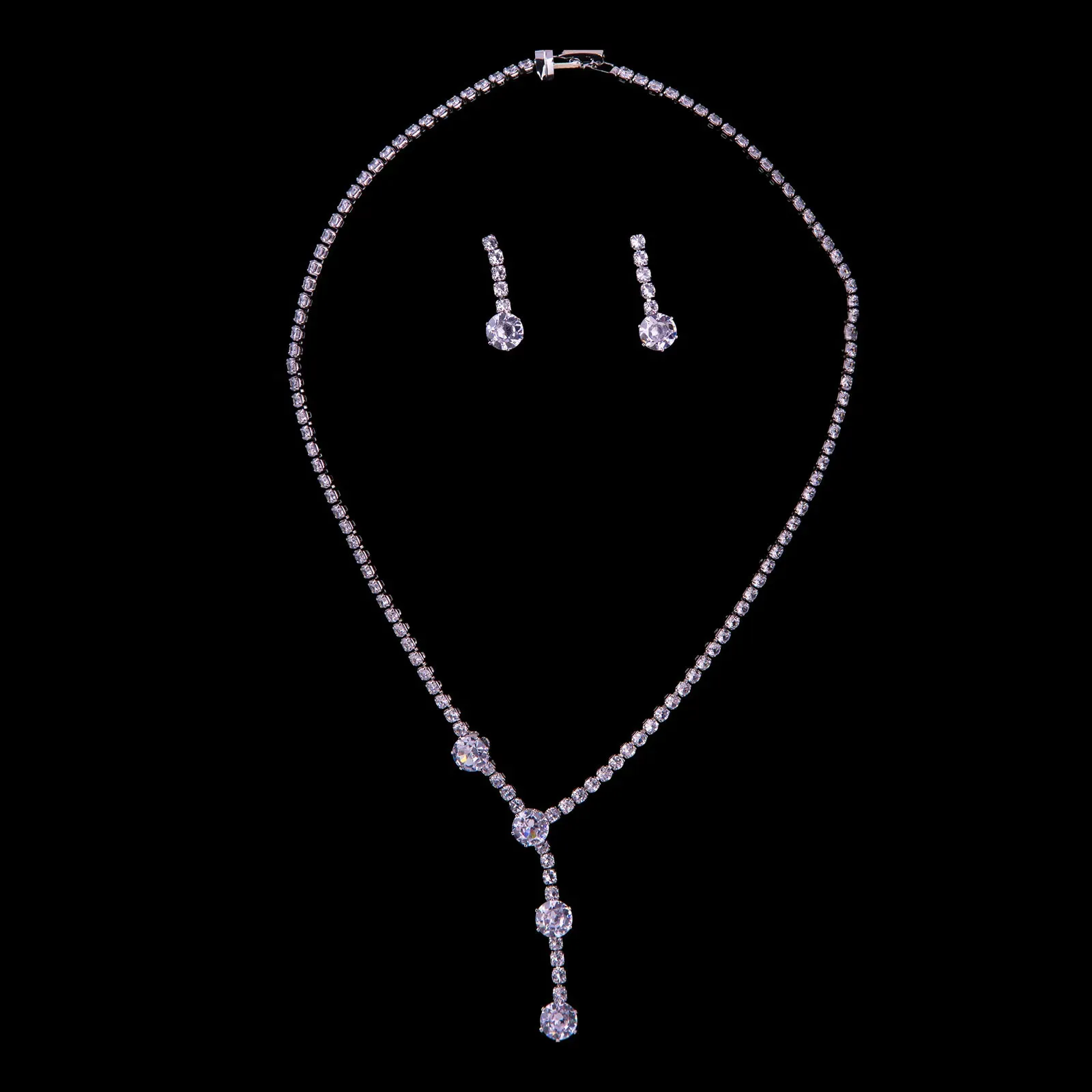 Rhinestone Drop Silver Necklace Set