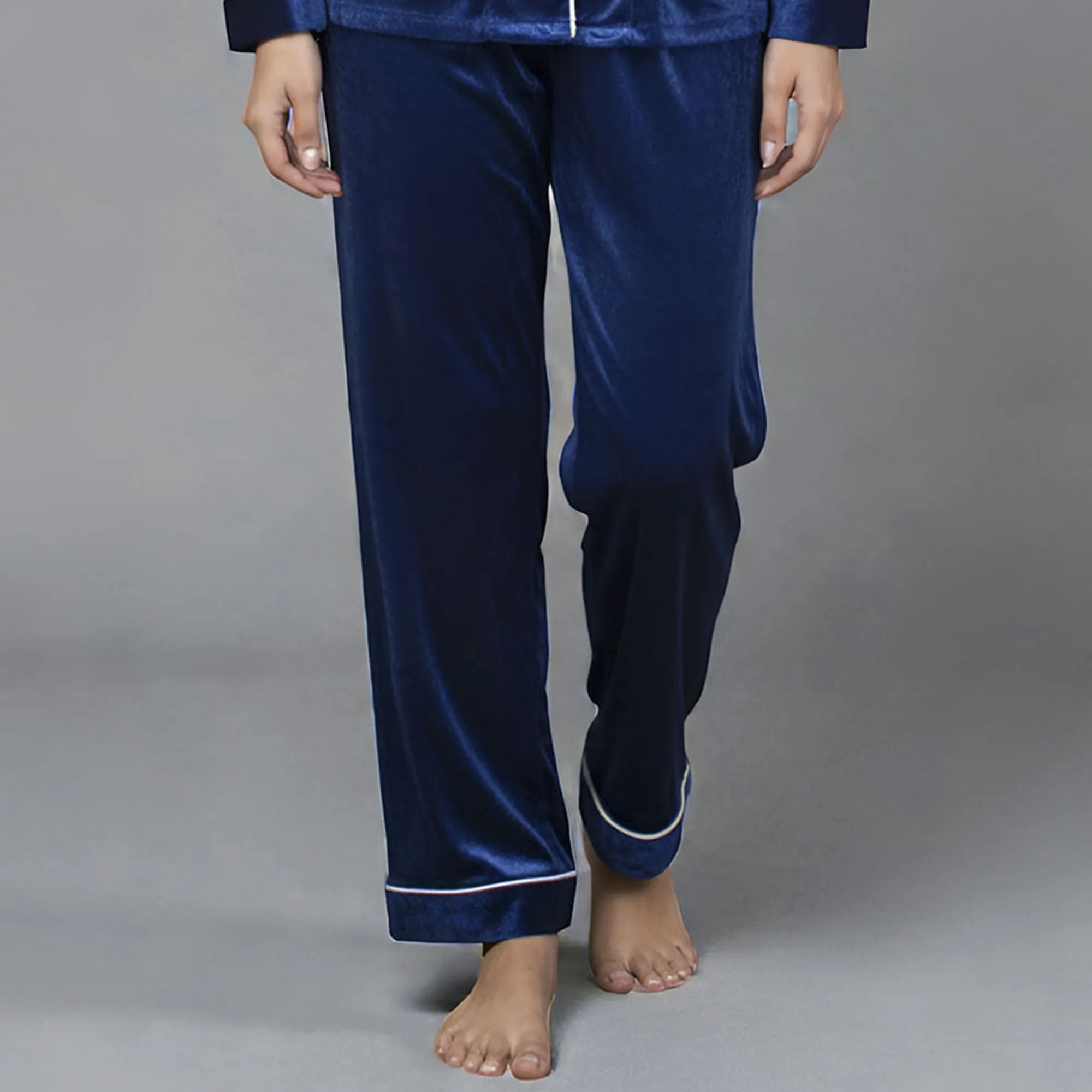 Blue Velvet Collar Shirt Pajama Set