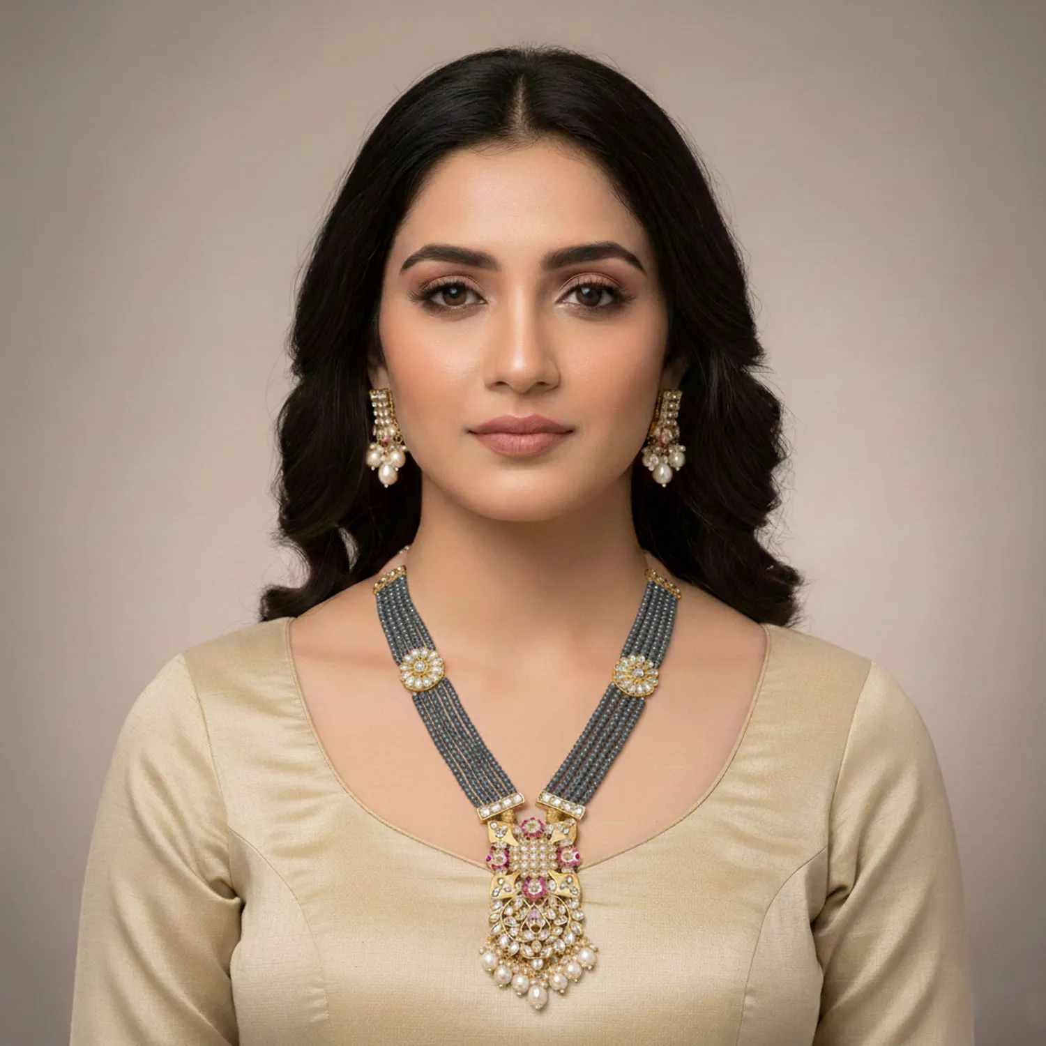 Floral Kundan Pendant Beaded Mala Set