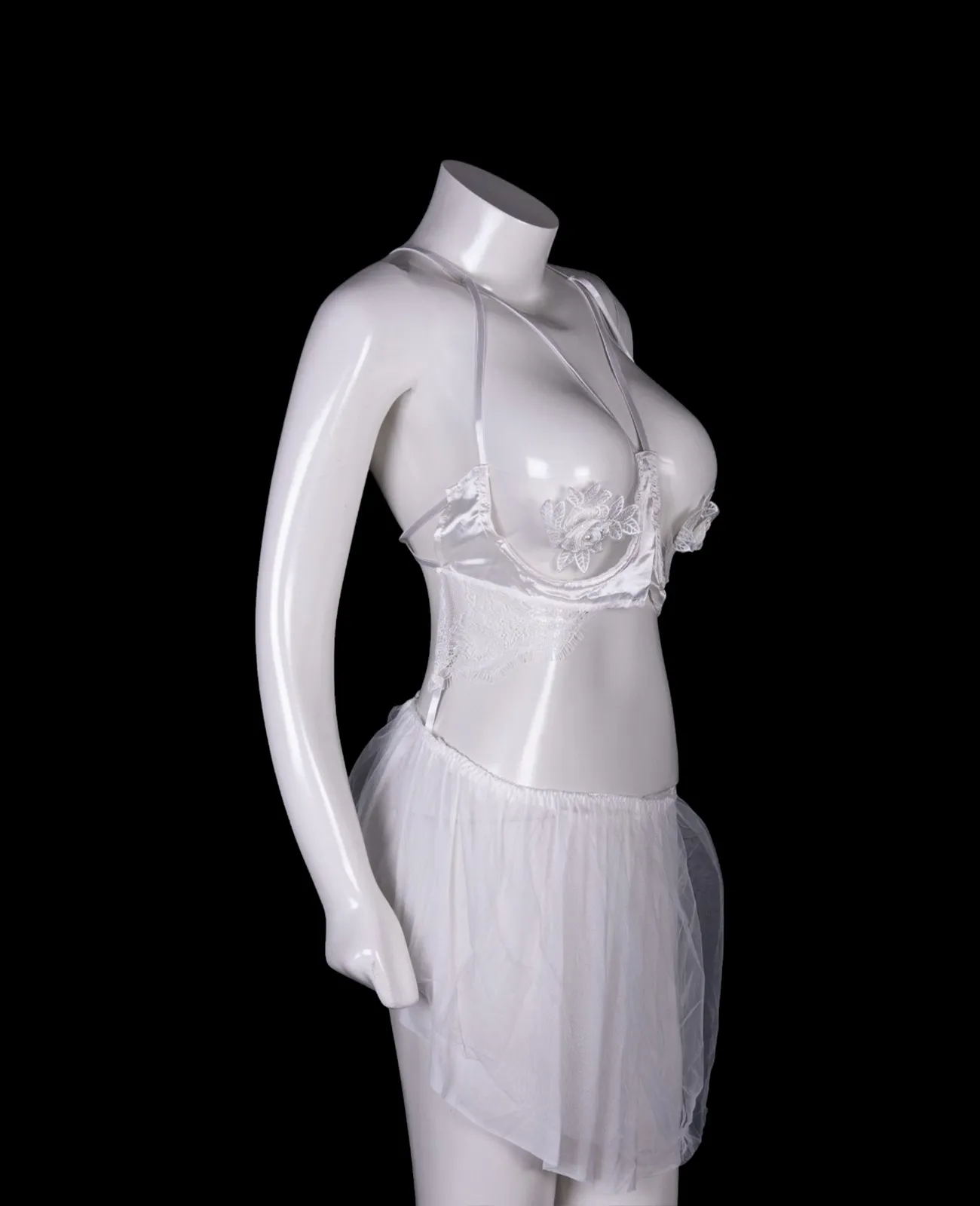 White Floral Detailed Sheer Night Suit