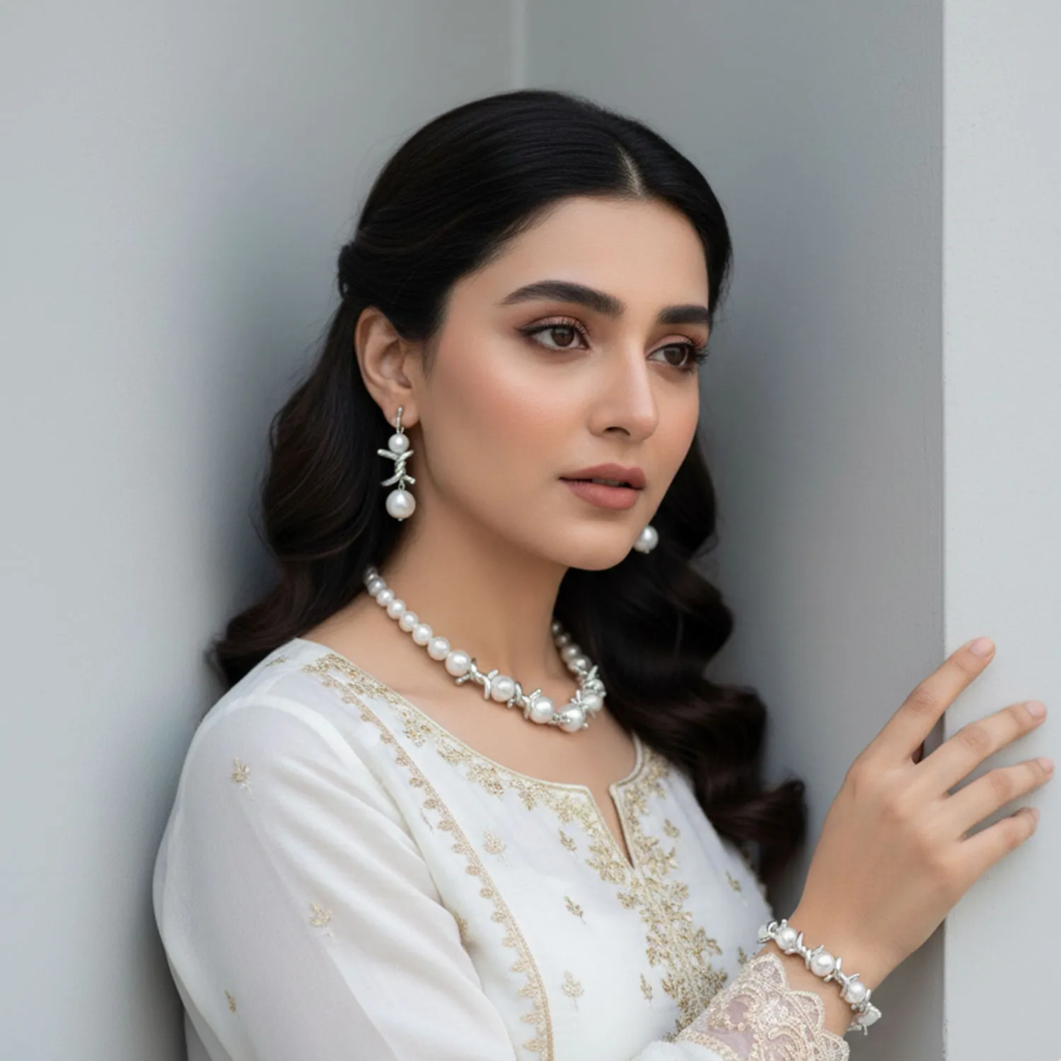 Wedding Imitation Pearl Jewelry Set With Bracelet