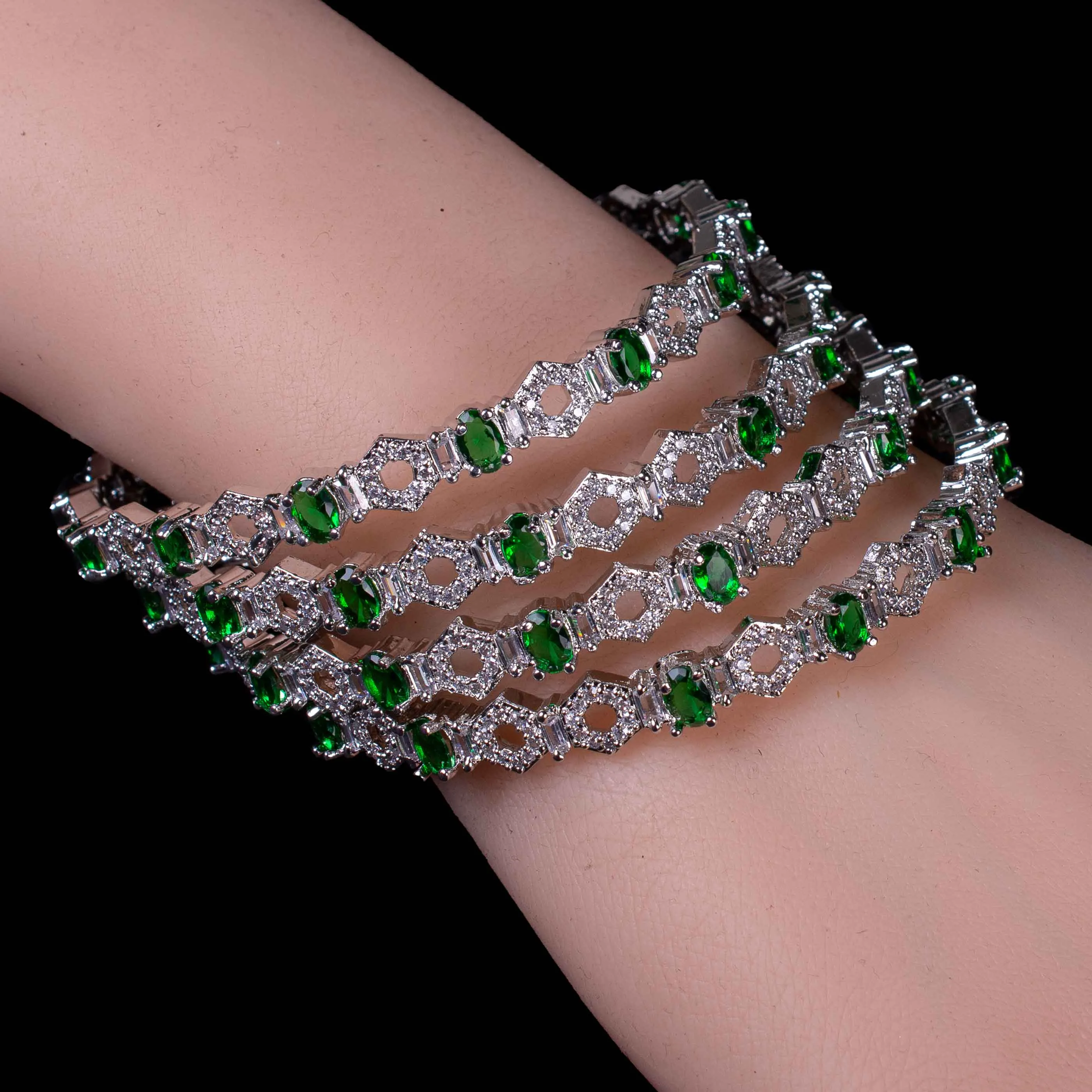 Traditional Silver Green Emerald Bangles For Girls