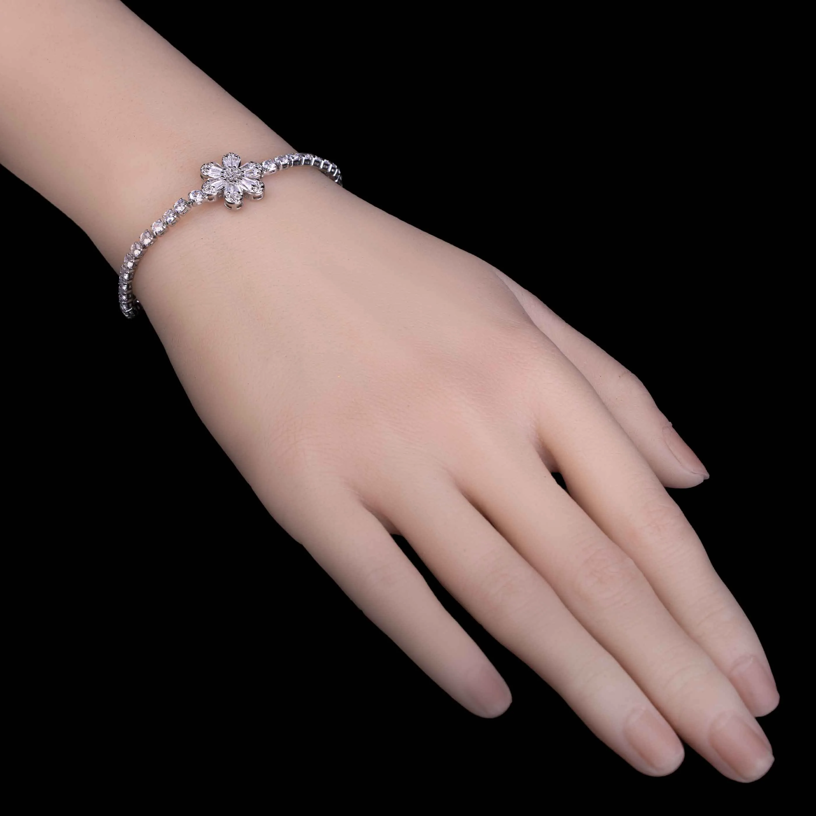 Pave Flower Silver Zircon Bracelet