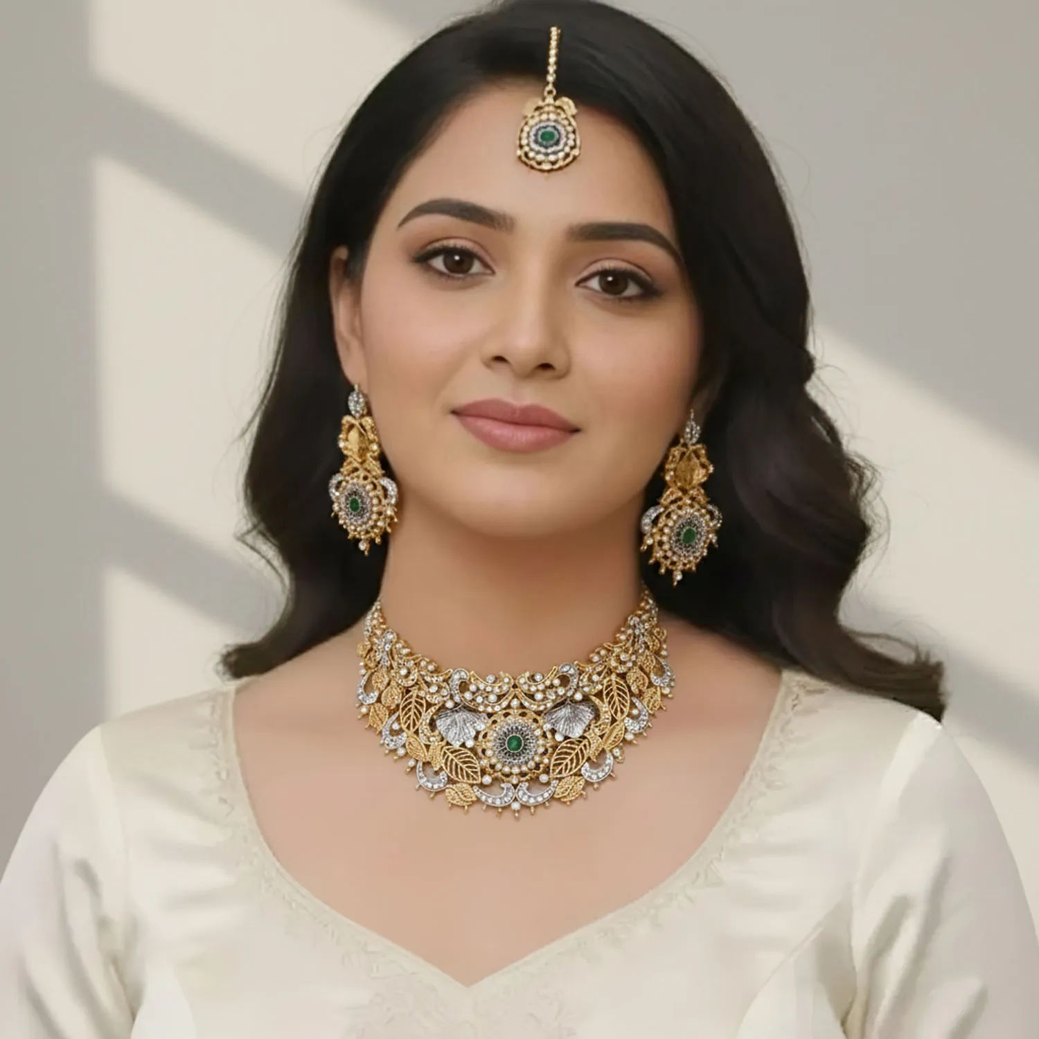 Emerald Leaf Cluster Jewellery Set