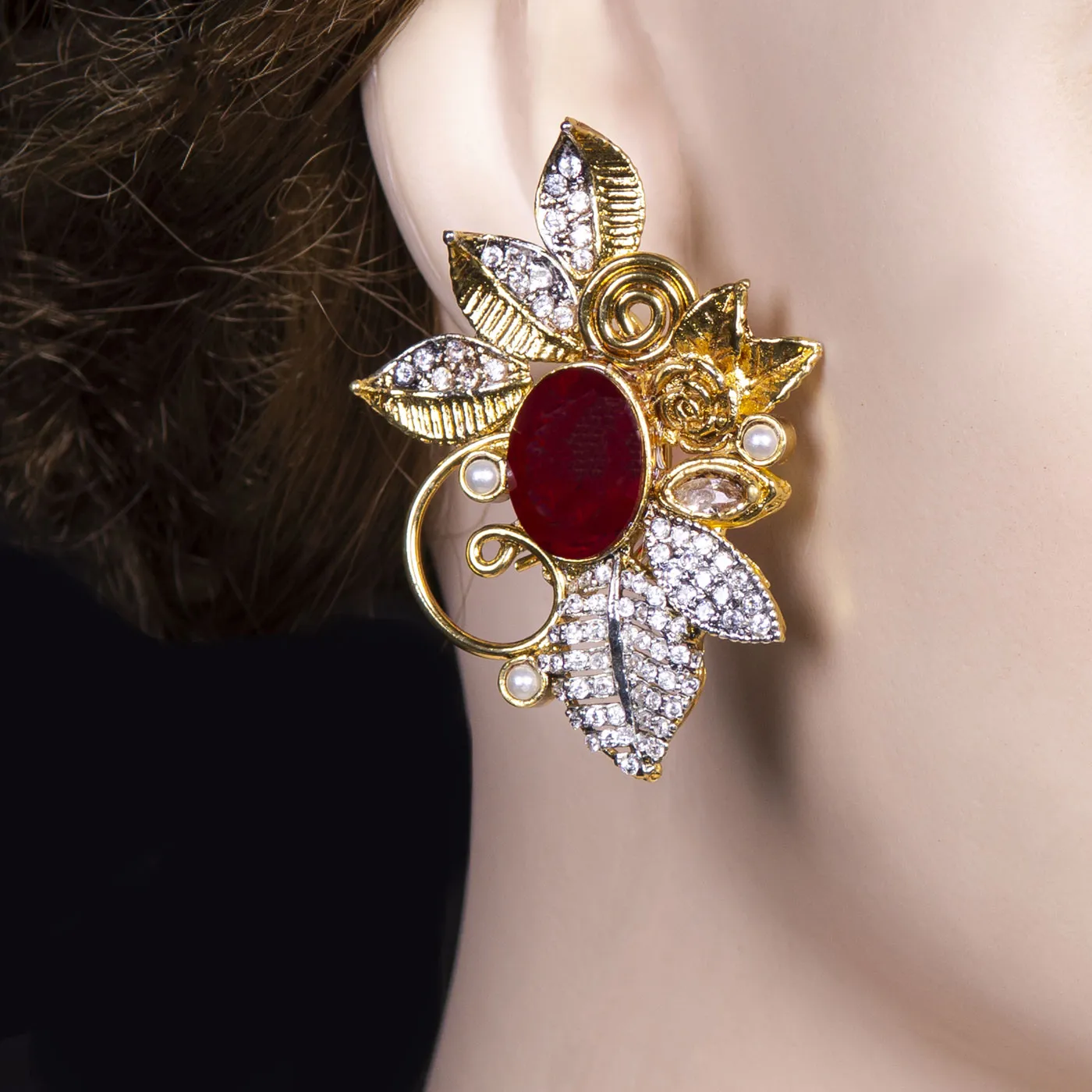 Red Oval Floral Leaf Earrings