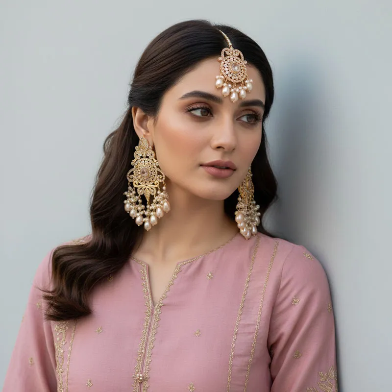 Golden Pearls Earrings and Bindi Set