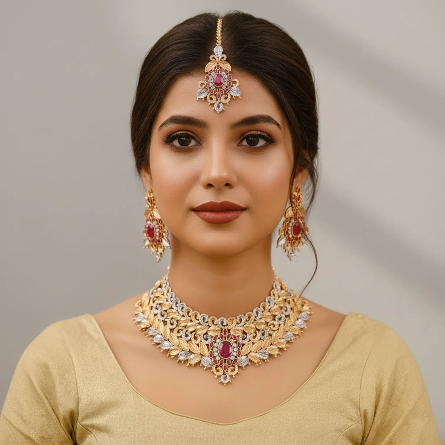 Golden Flora Ruby Bridal Jewellery Set