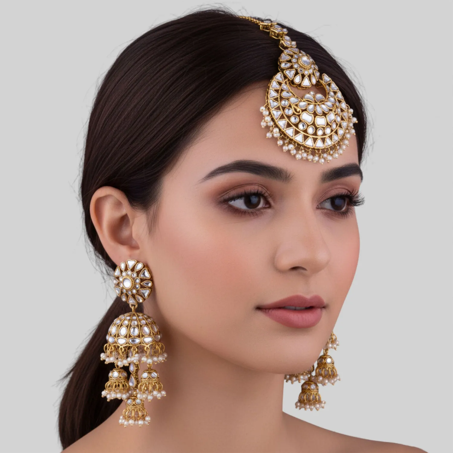 Gold Plated Kundan Pearl Bindiya Earrings Set