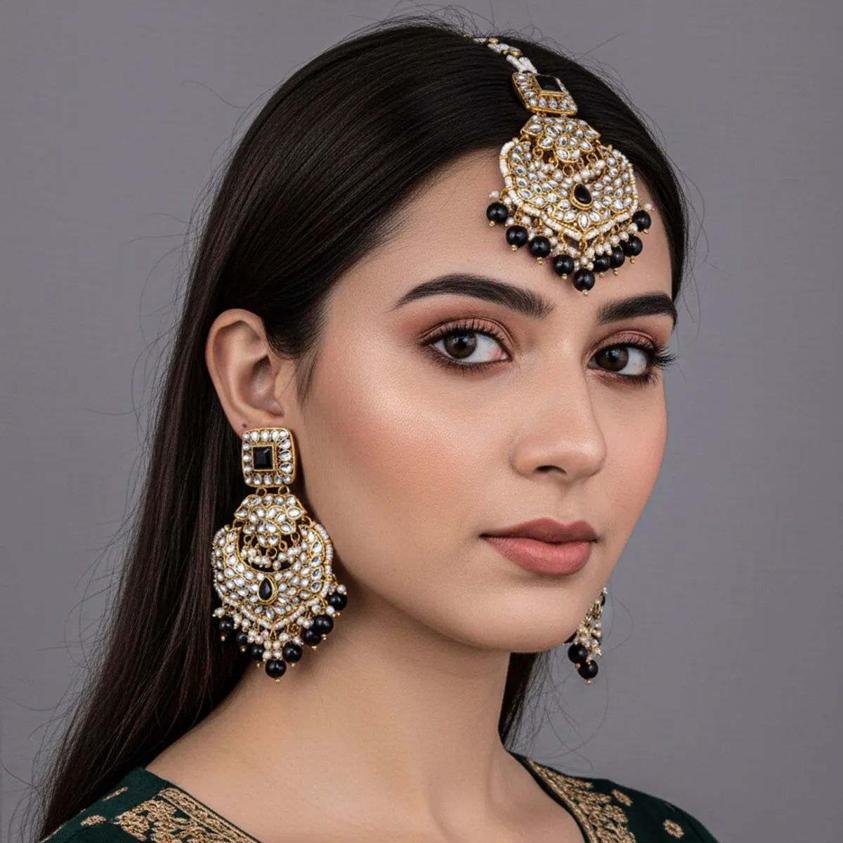 Black Pearl Kundan Bindiya Earring Set
