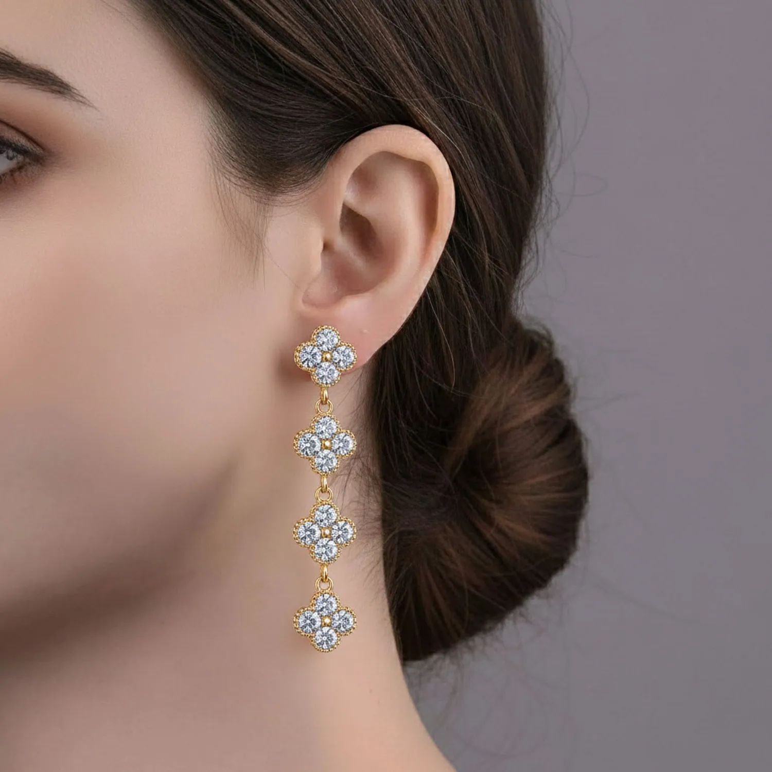 Pave Clover Dangle Drop Earrings