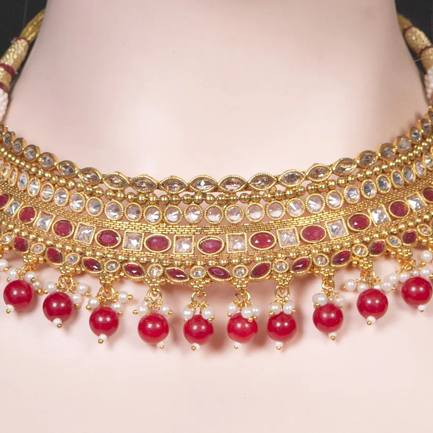 Red Kundan Beaded Bridal Choker Set