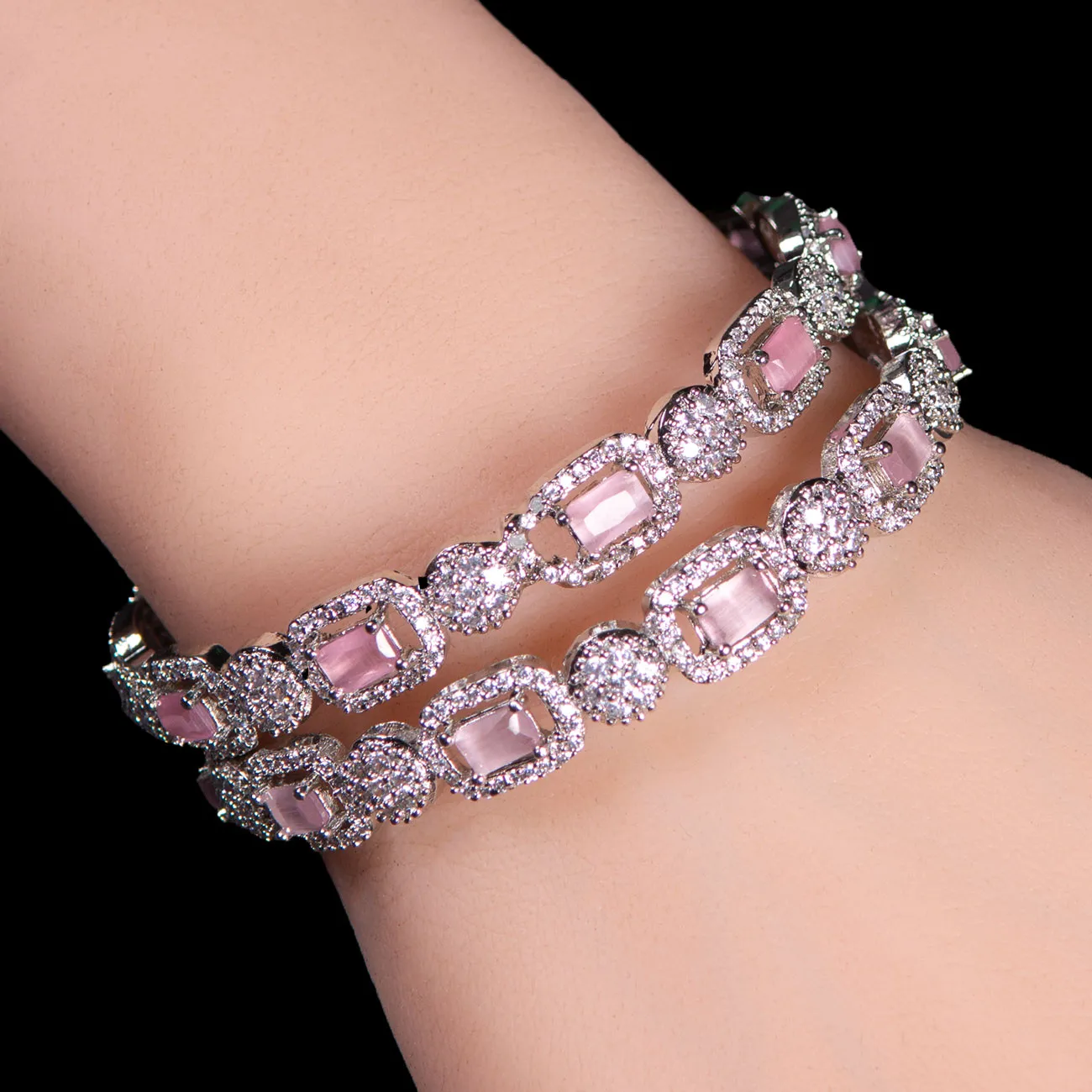 Pink Stone Silver 2 Pcs bangles