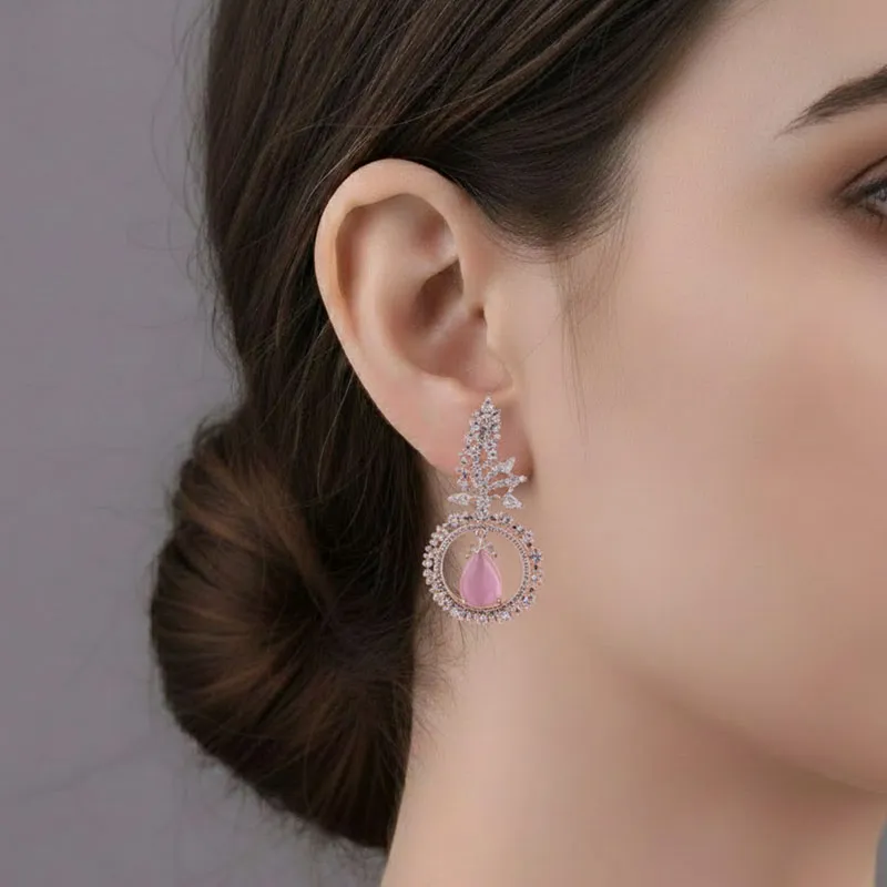 American Diamond Pink Stone Drop Earrings