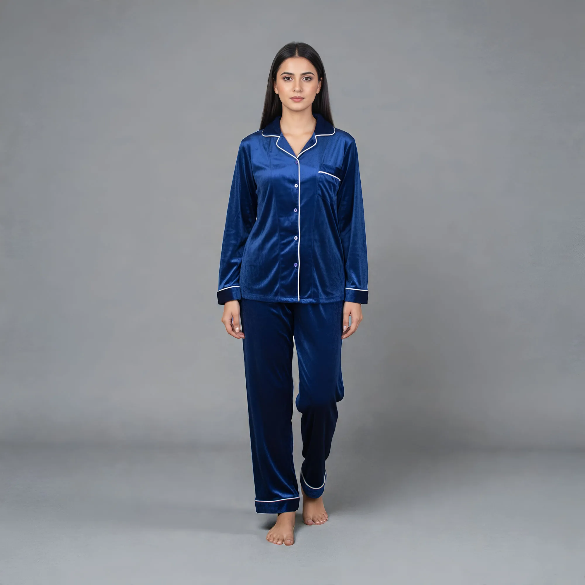 Blue Velvet Collar Shirt Pajama Set